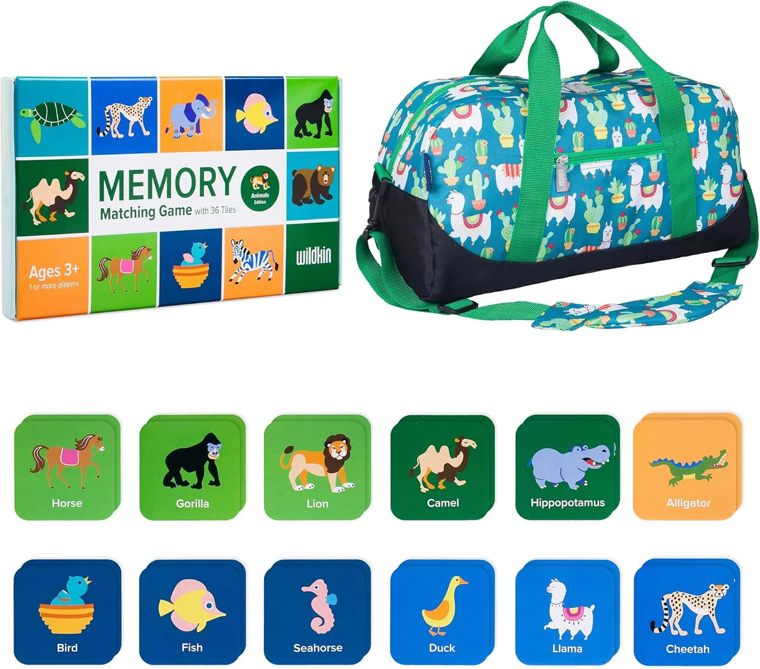 "Wildkin Overnighter Duffel Bag and Animals Memory Matching Game (36 pc) Bundle: Unleash Mindful Adventures - Pack and Play for Boundless Fun (Llamas and Cactus Green) "