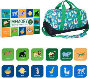 "Wildkin Overnighter Duffel Bag and Animals Memory Matching Game (36 pc) Bundle: Unleash Mindful Adventures - Pack and Play for Boundless Fun (Llamas and Cactus Green) "