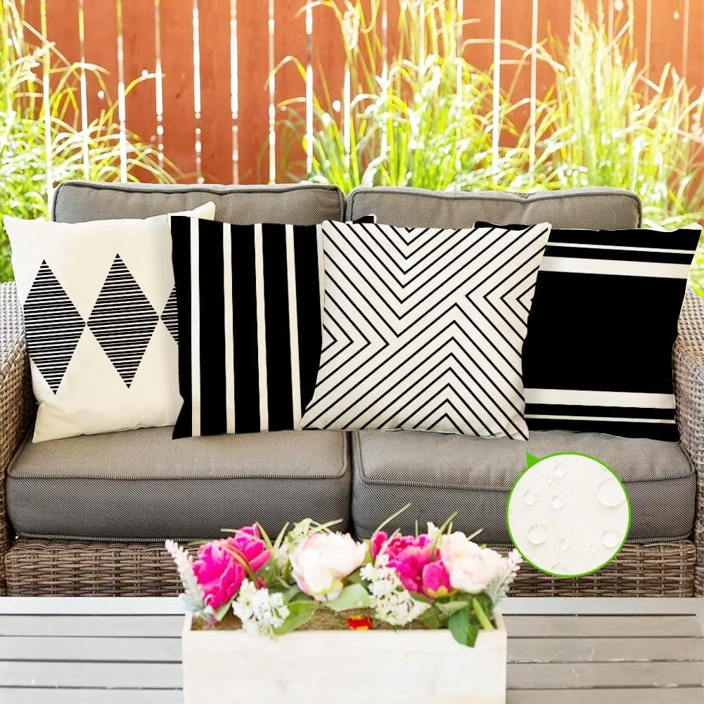 RABUSOFA Outdoor Pillows Waterproof,20x20 inch Black and White Outdoor Pillows Boho Set of 4 for Patio Furniture,Sunbrella Outdoor Pillow Covers for Couch(2W-20) (Black and White, 20"x20")