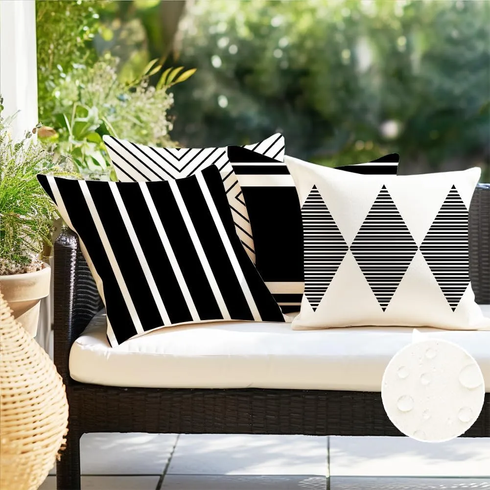 RABUSOFA Outdoor Pillows Waterproof,20x20 inch Black and White Outdoor Pillows Boho Set of 4 for Patio Furniture,Sunbrella Outdoor Pillow Covers for Couch(2W-20) (Black and White, 20"x20")