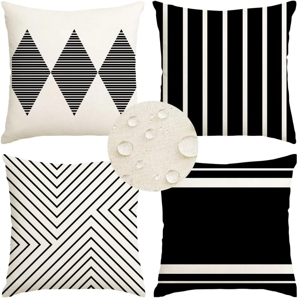 RABUSOFA Outdoor Pillows Waterproof,20x20 inch Black and White Outdoor Pillows Boho Set of 4 for Patio Furniture,Sunbrella Outdoor Pillow Covers for Couch(2W-20) (Black and White, 20"x20")