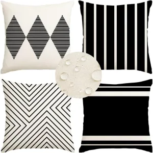 RABUSOFA Outdoor Pillows Waterproof,20x20 inch Black and White Outdoor Pillows Boho Set of 4 for Patio Furniture,Sunbrella Outdoor Pillow Covers for Couch(2W-20) (Black and White, 20"x20")