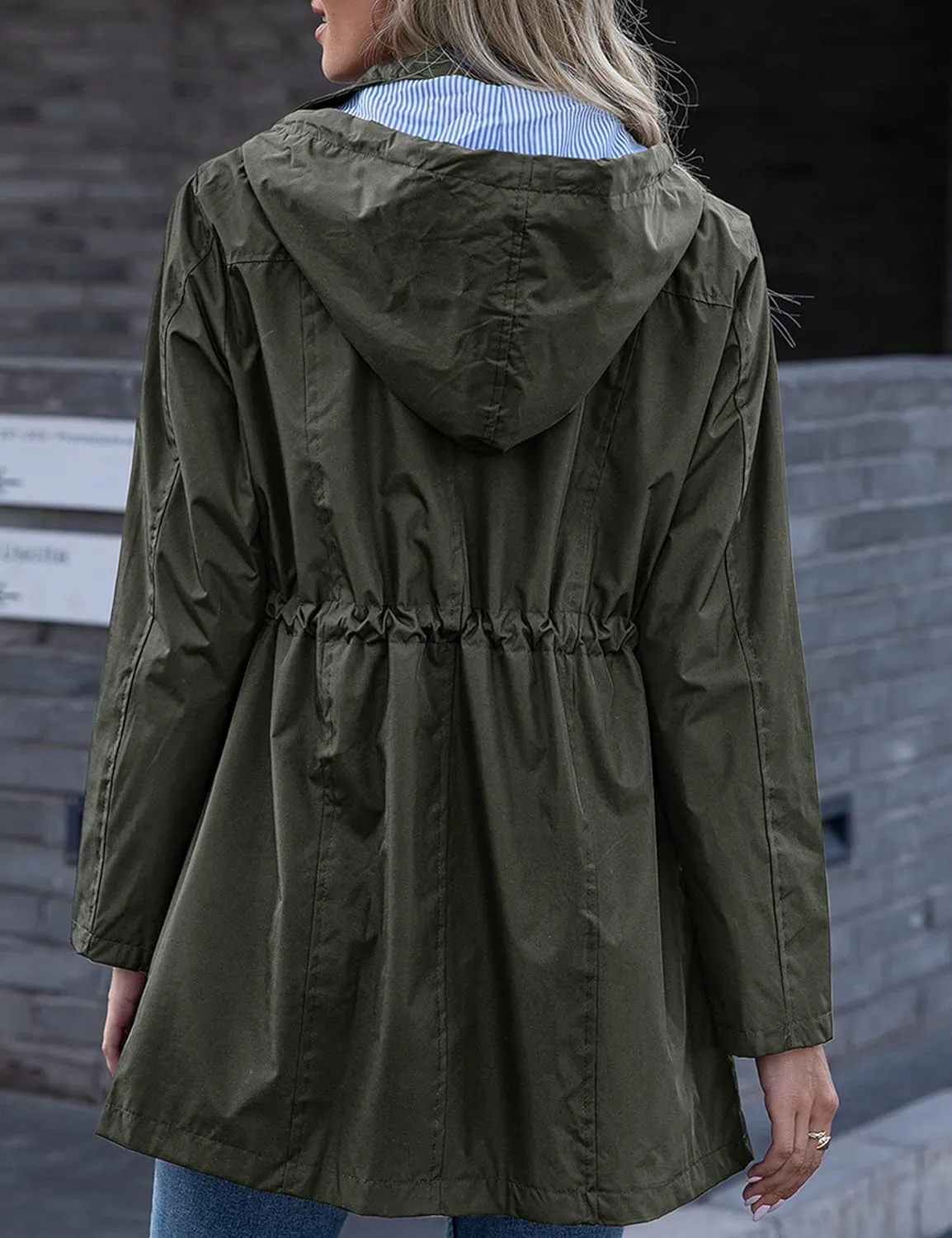 Rain Jacket Women Striped Lined Hooded Lightweight Raincoat Outdoor Waterproof Windbreaker