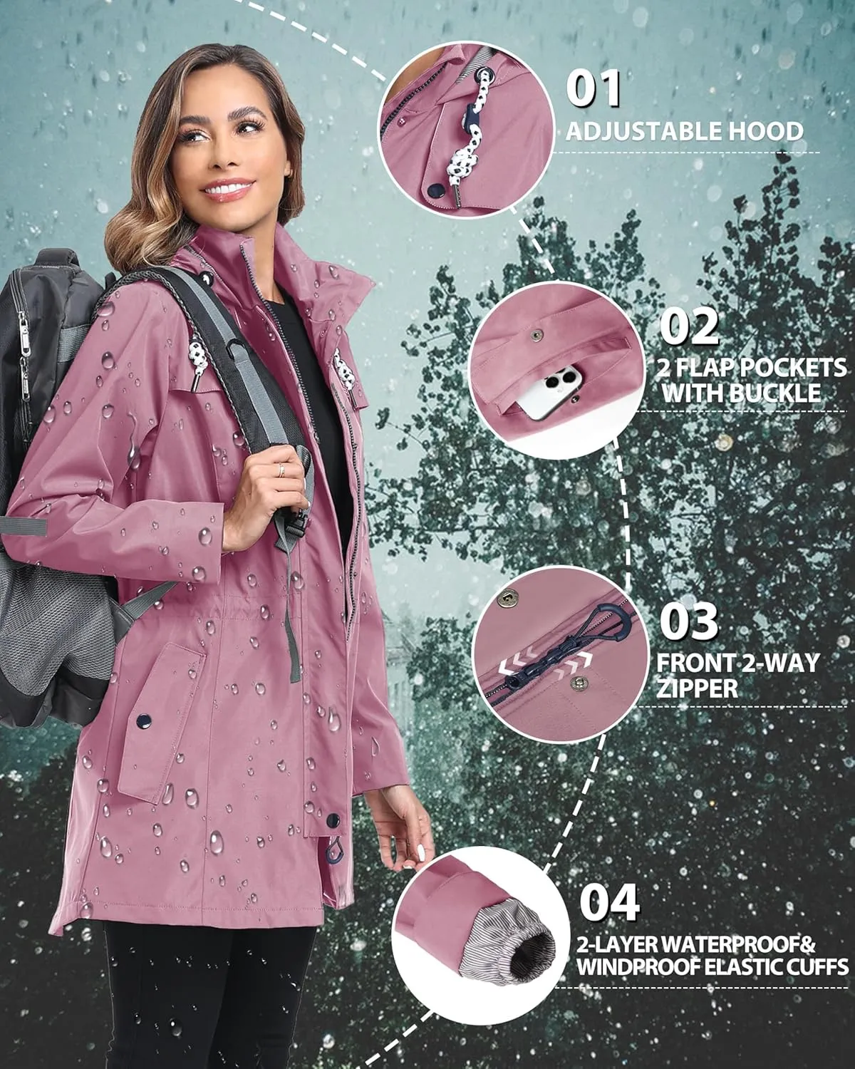Rain Jacket Women Waterproof Long Lightweight Raincoat Hooded Windbreaker Outdoor Trench Coat