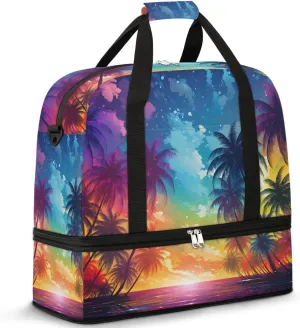 Rainbow Coconut Tree Travel Duffel Bag for Women Men Weekender Overnight Bag with Shoe Compartment Foldable Sports Gym Luggage Bag