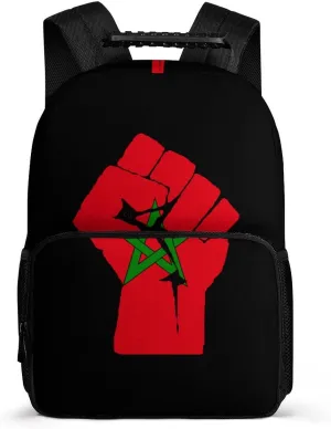 Raised Fist Morocco Flag Travel Backpack Casual Daypacks Computer Shoulder Bag for Work Shopping Unisex 16 Inch