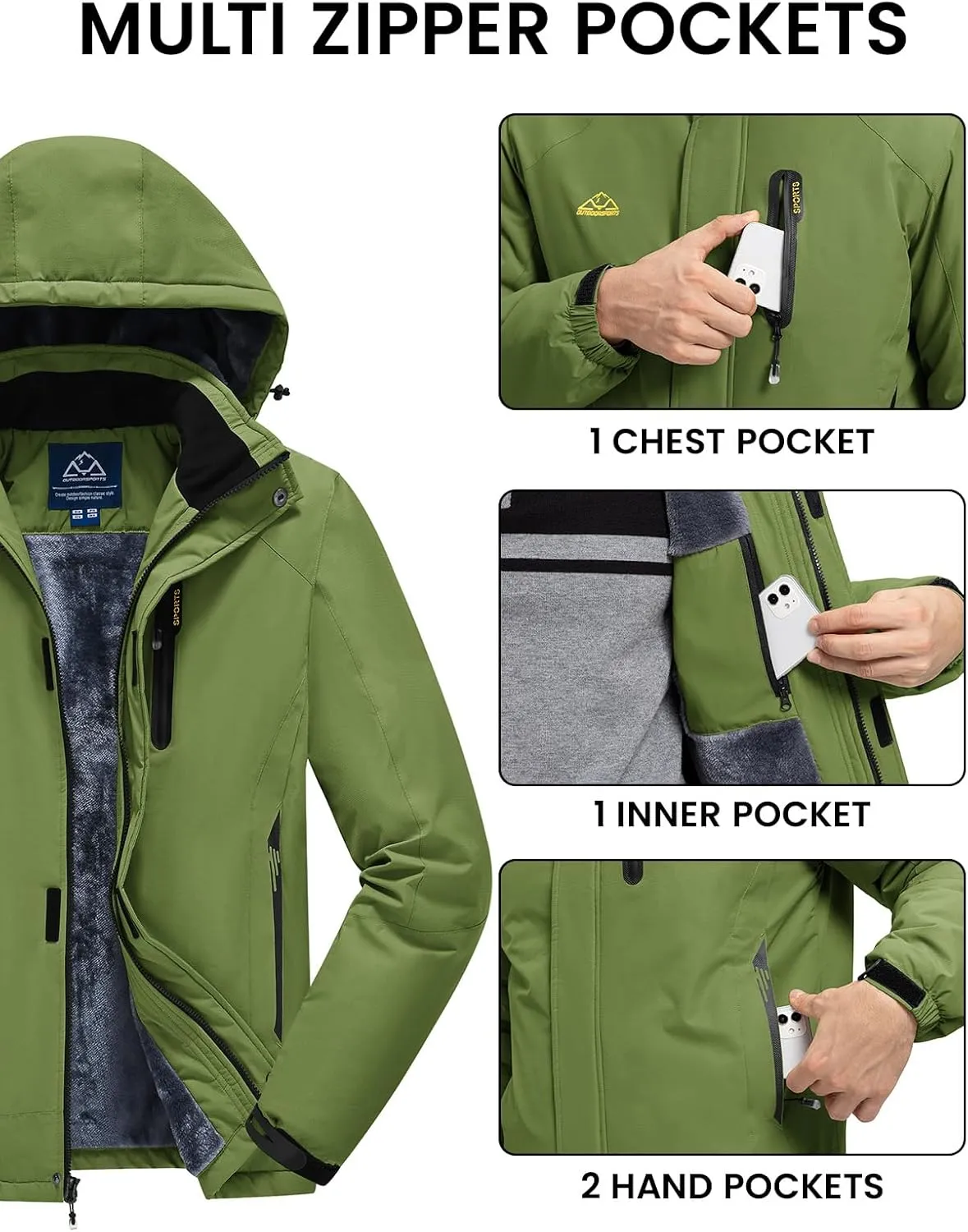Rdruko Men's Ski Snow Jacket Waterproof Winter Insulated Fleece Hooded Outdoor Mountain Coat