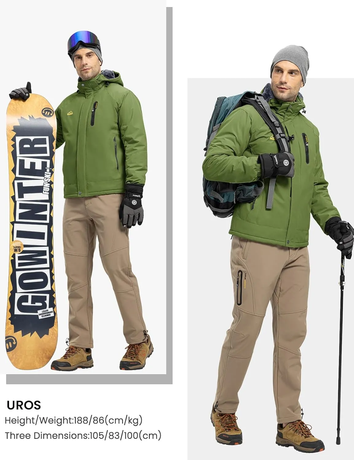 Rdruko Men's Ski Snow Jacket Waterproof Winter Insulated Fleece Hooded Outdoor Mountain Coat