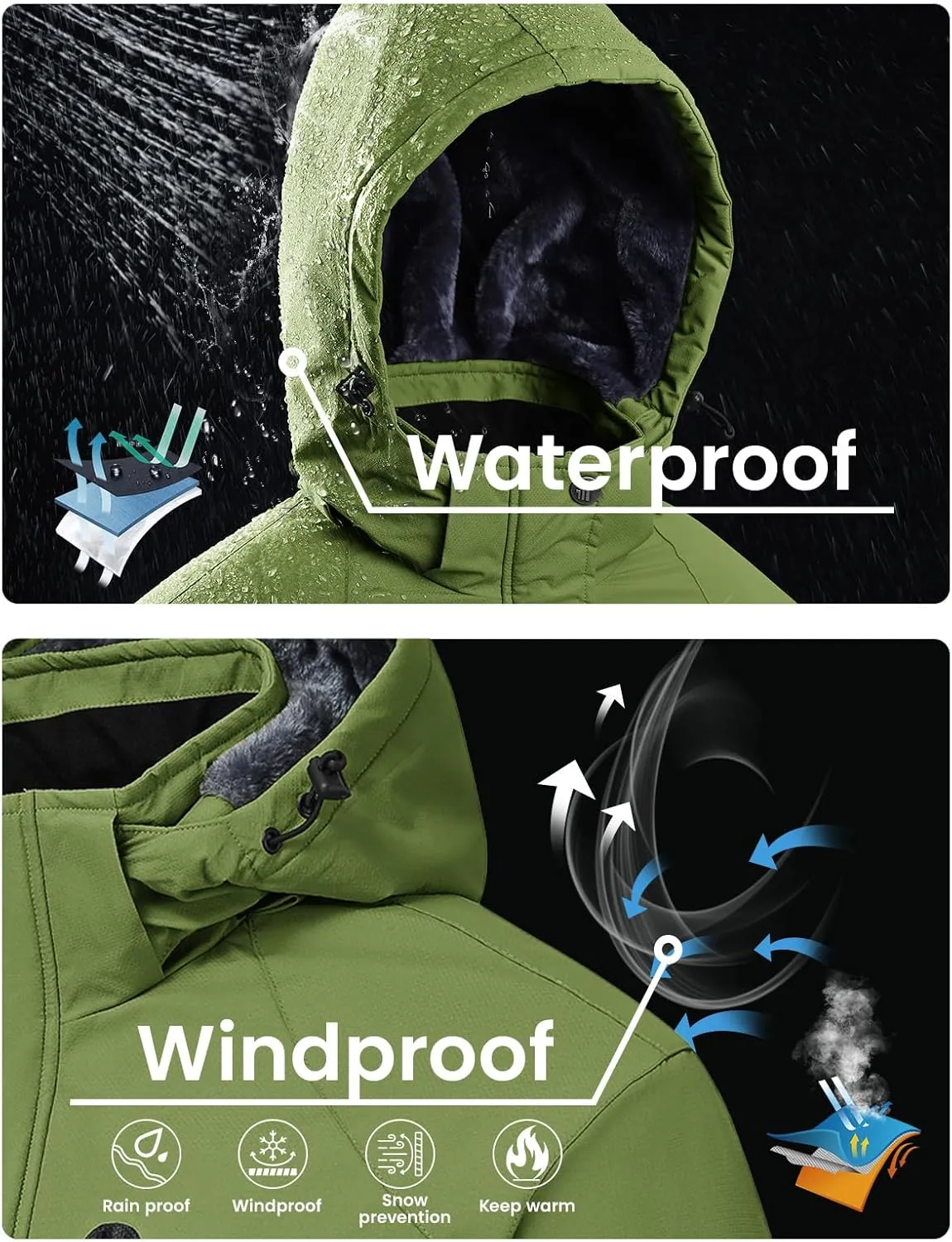 Rdruko Men's Ski Snow Jacket Waterproof Winter Insulated Fleece Hooded Outdoor Mountain Coat