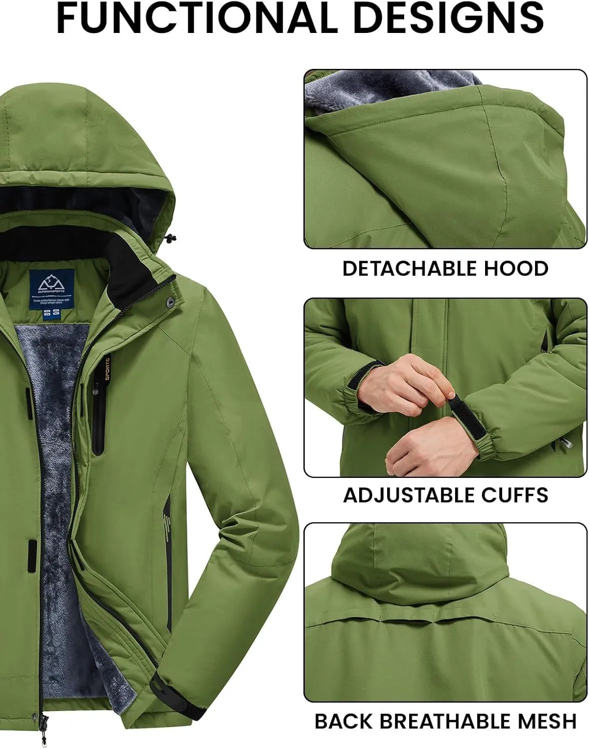 Rdruko Men's Ski Snow Jacket Waterproof Winter Insulated Fleece Hooded Outdoor Mountain Coat