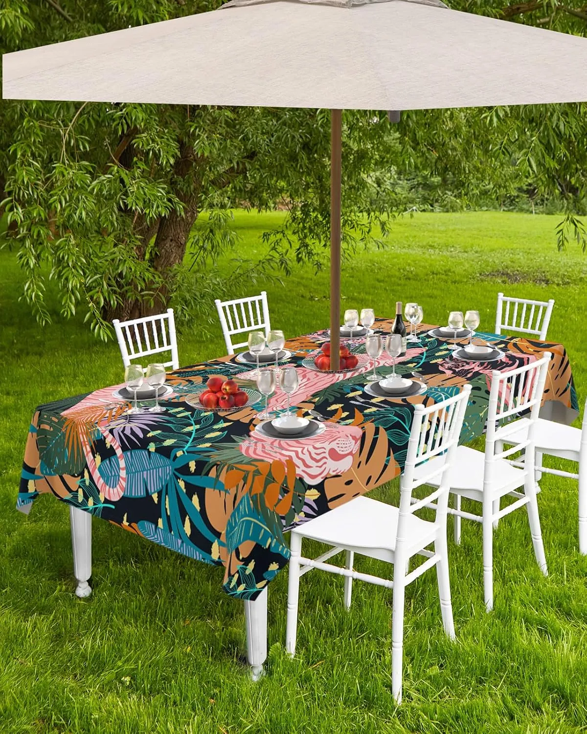 Rectangle Outdoor Table Cloth 52x70 Inch Tropical Rainforest Jungle Red Stripe Tigers Tablecloth with Umbrella Hole, Zipper Table Cover Waterproof Stain Resistant Tablecloths for Patio Party Picnic