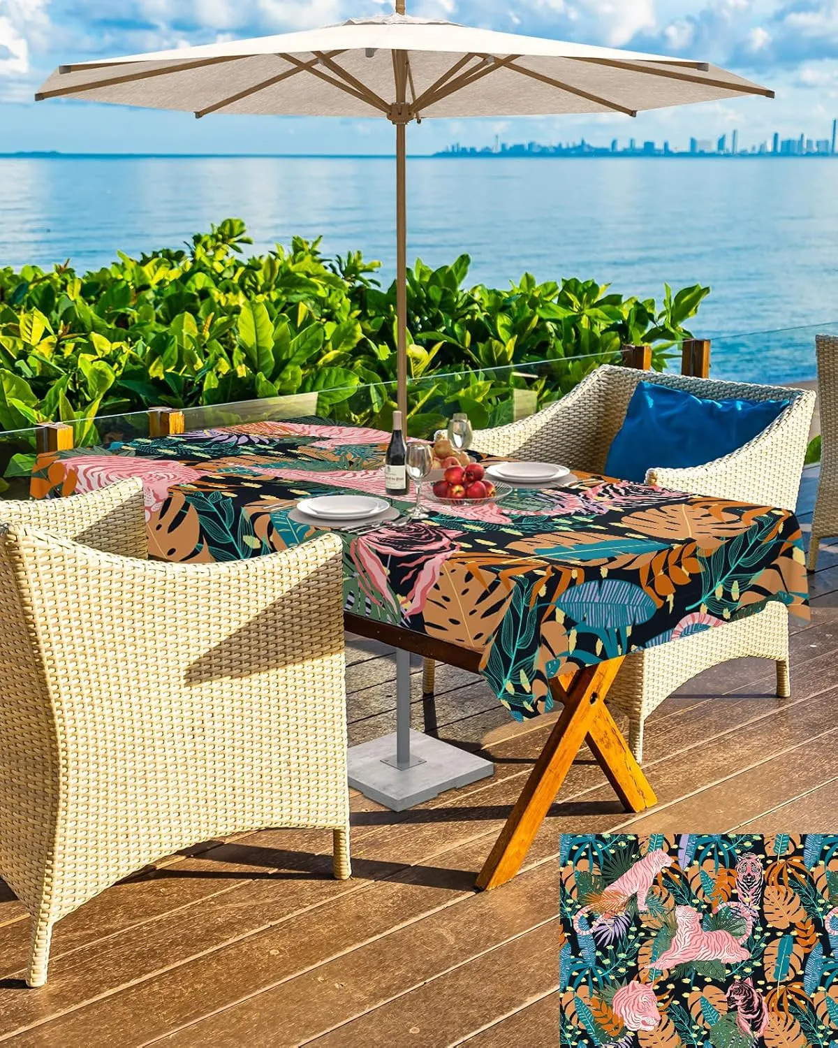 Rectangle Outdoor Table Cloth 52x70 Inch Tropical Rainforest Jungle Red Stripe Tigers Tablecloth with Umbrella Hole, Zipper Table Cover Waterproof Stain Resistant Tablecloths for Patio Party Picnic