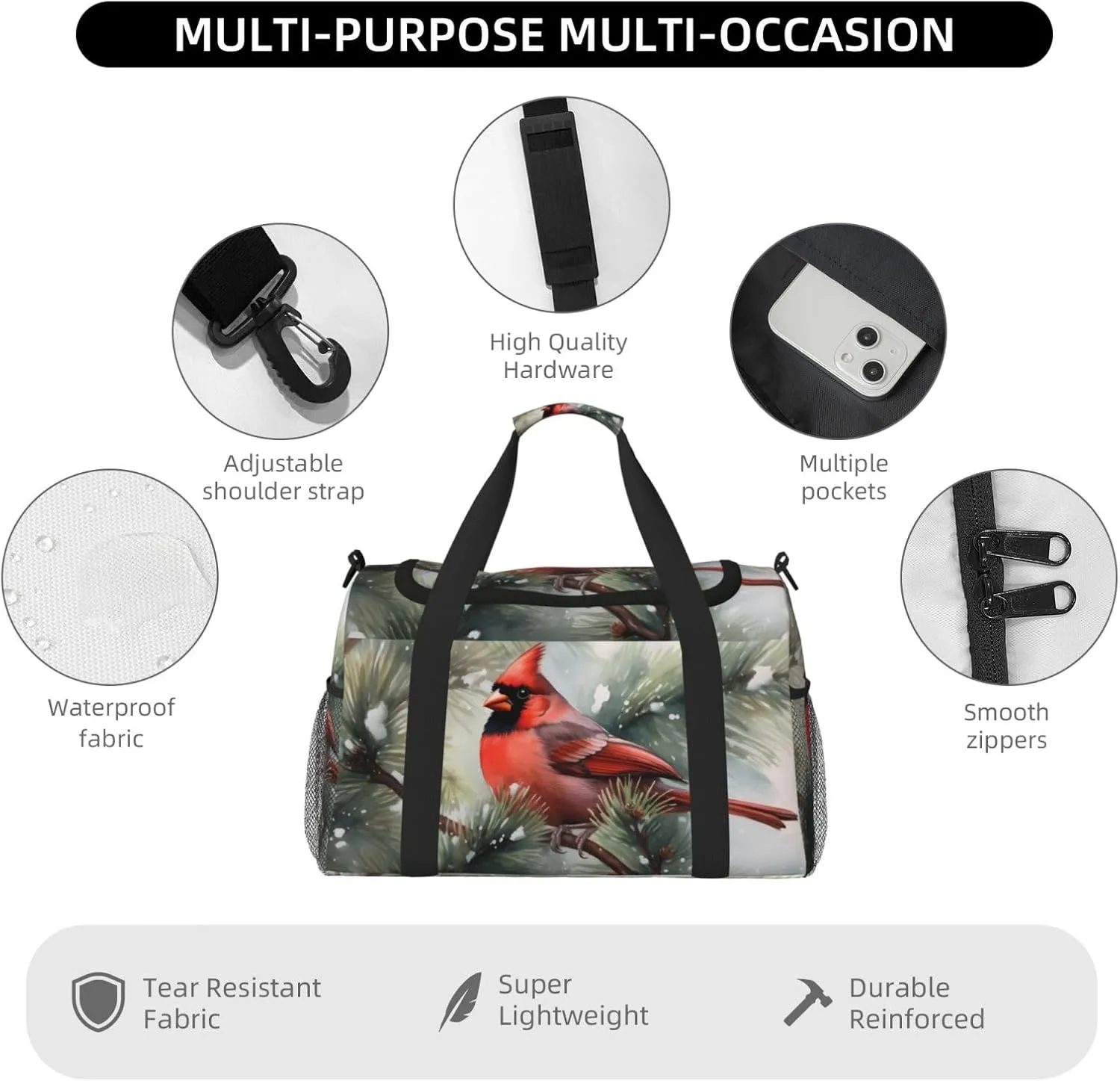 Red Bird in Snow Big Capacity Sports Gym Bag Portable Travel Duffle Bag, Winter Holly Berry Lightweight Weekender Workout Bag for Overnight, Unisex