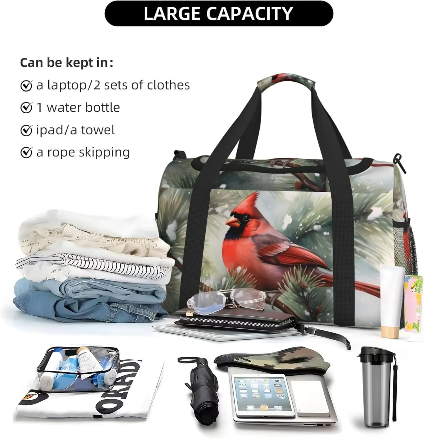 Red Bird in Snow Big Capacity Sports Gym Bag Portable Travel Duffle Bag, Winter Holly Berry Lightweight Weekender Workout Bag for Overnight, Unisex