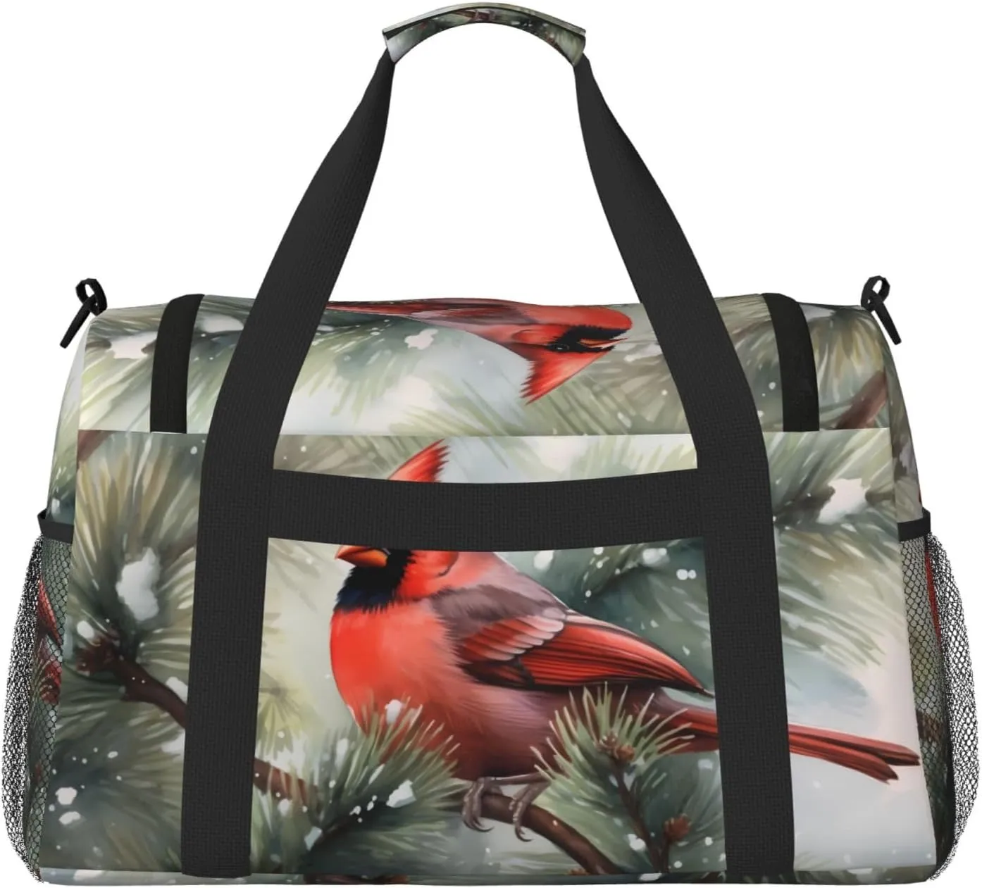 Red Bird in Snow Big Capacity Sports Gym Bag Portable Travel Duffle Bag, Winter Holly Berry Lightweight Weekender Workout Bag for Overnight, Unisex