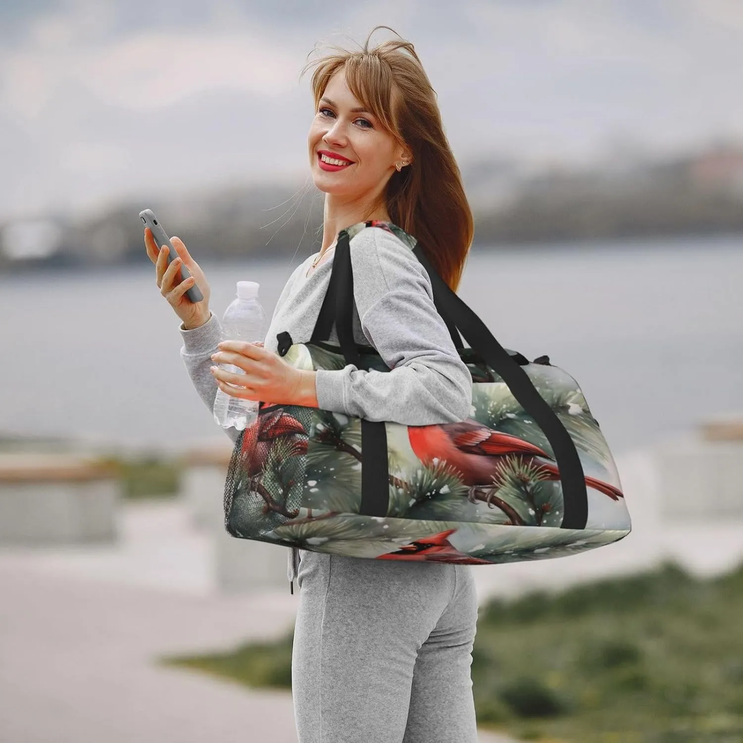 Red Bird in Snow Big Capacity Sports Gym Bag Portable Travel Duffle Bag, Winter Holly Berry Lightweight Weekender Workout Bag for Overnight, Unisex