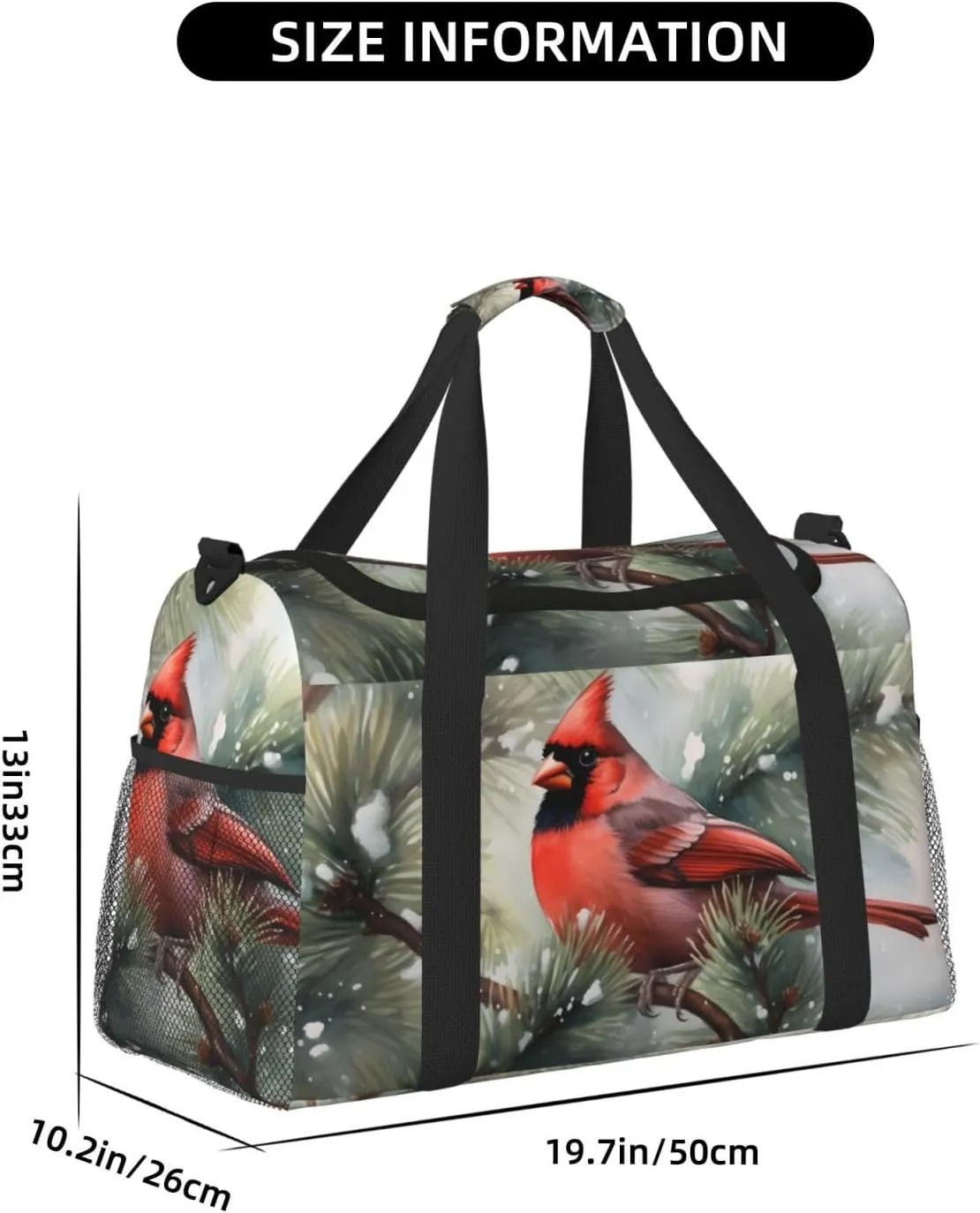 Red Bird in Snow Big Capacity Sports Gym Bag Portable Travel Duffle Bag, Winter Holly Berry Lightweight Weekender Workout Bag for Overnight, Unisex