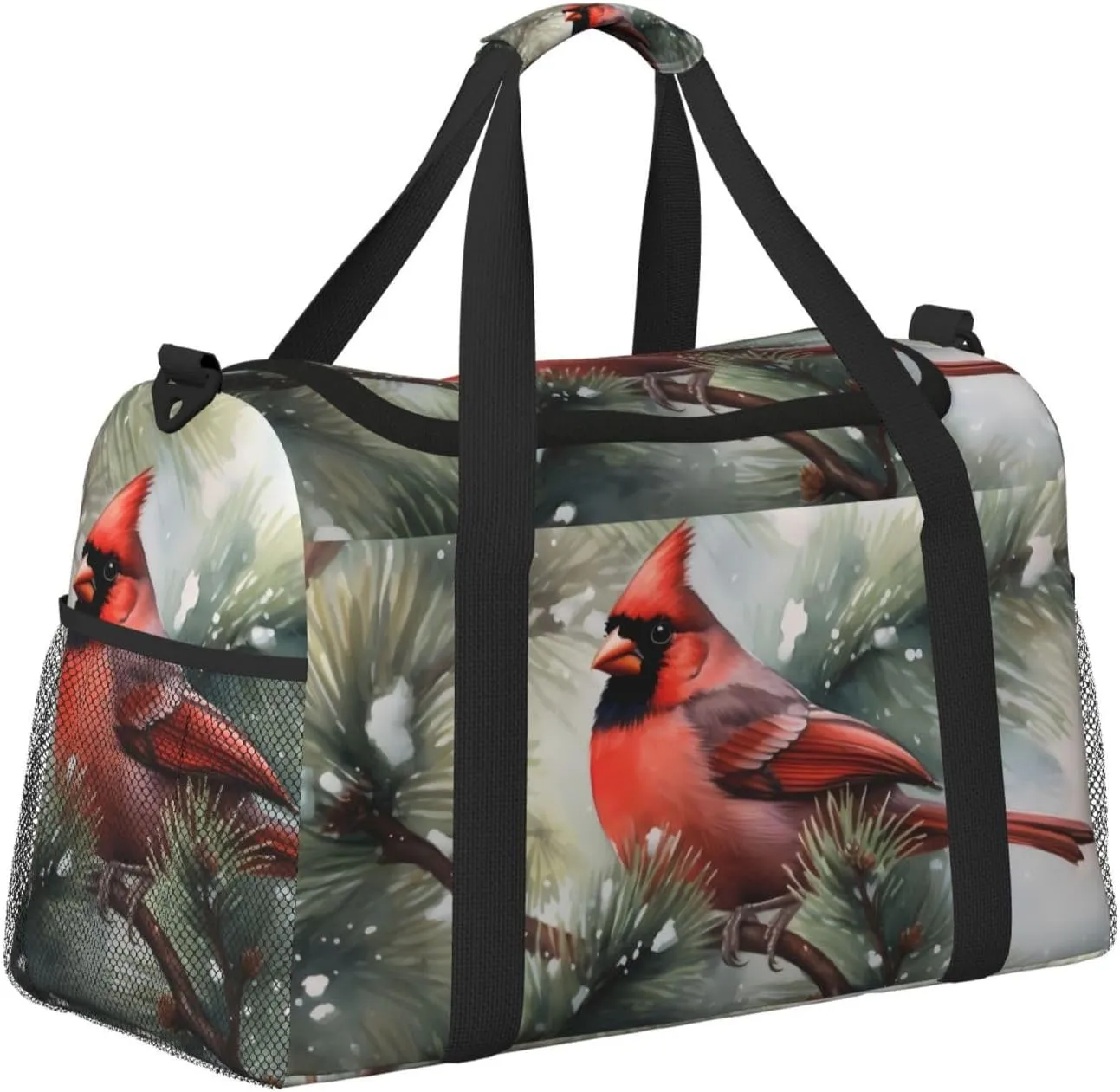 Red Bird in Snow Big Capacity Sports Gym Bag Portable Travel Duffle Bag, Winter Holly Berry Lightweight Weekender Workout Bag for Overnight, Unisex