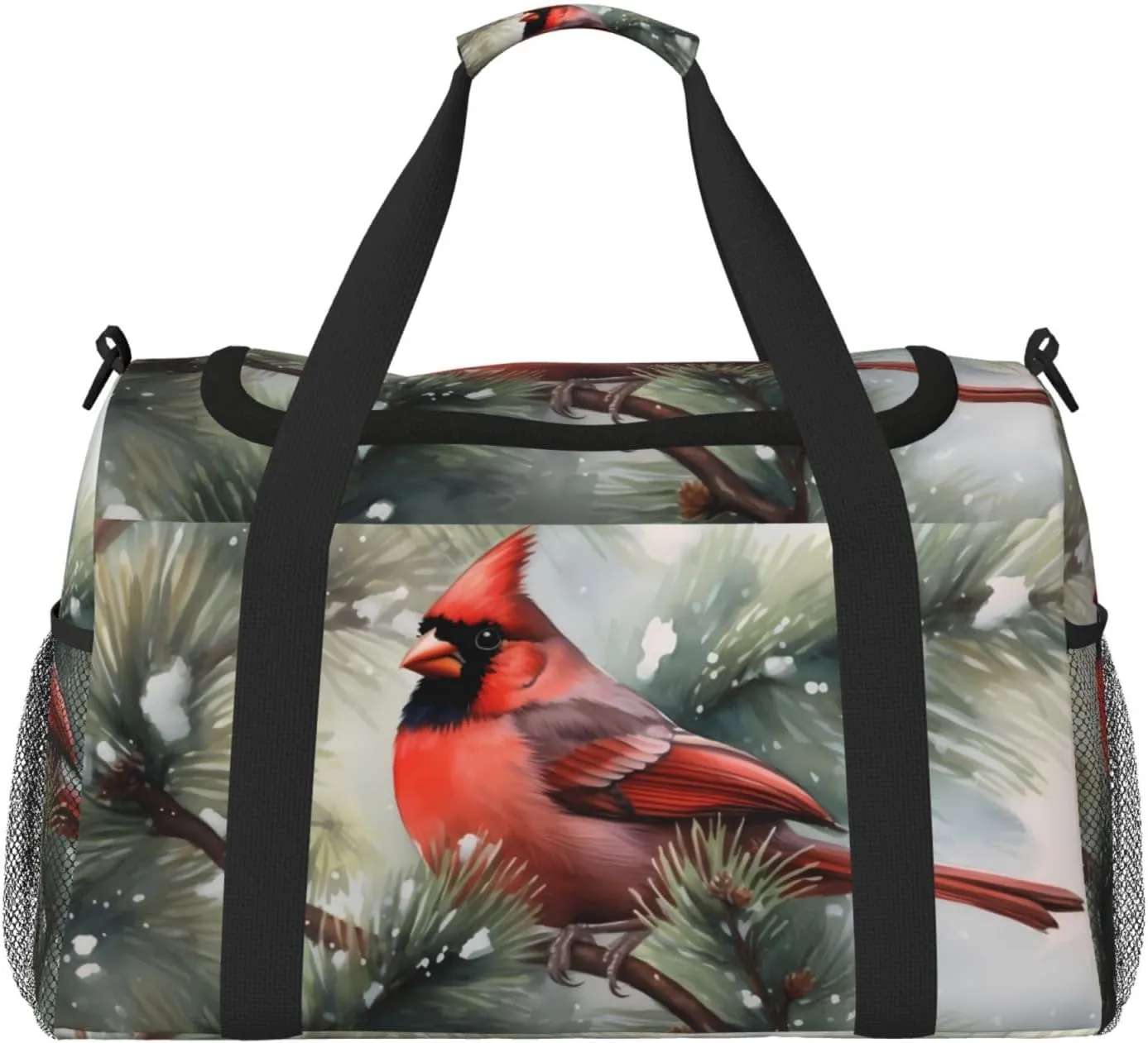 Red Bird in Snow Big Capacity Sports Gym Bag Portable Travel Duffle Bag, Winter Holly Berry Lightweight Weekender Workout Bag for Overnight, Unisex