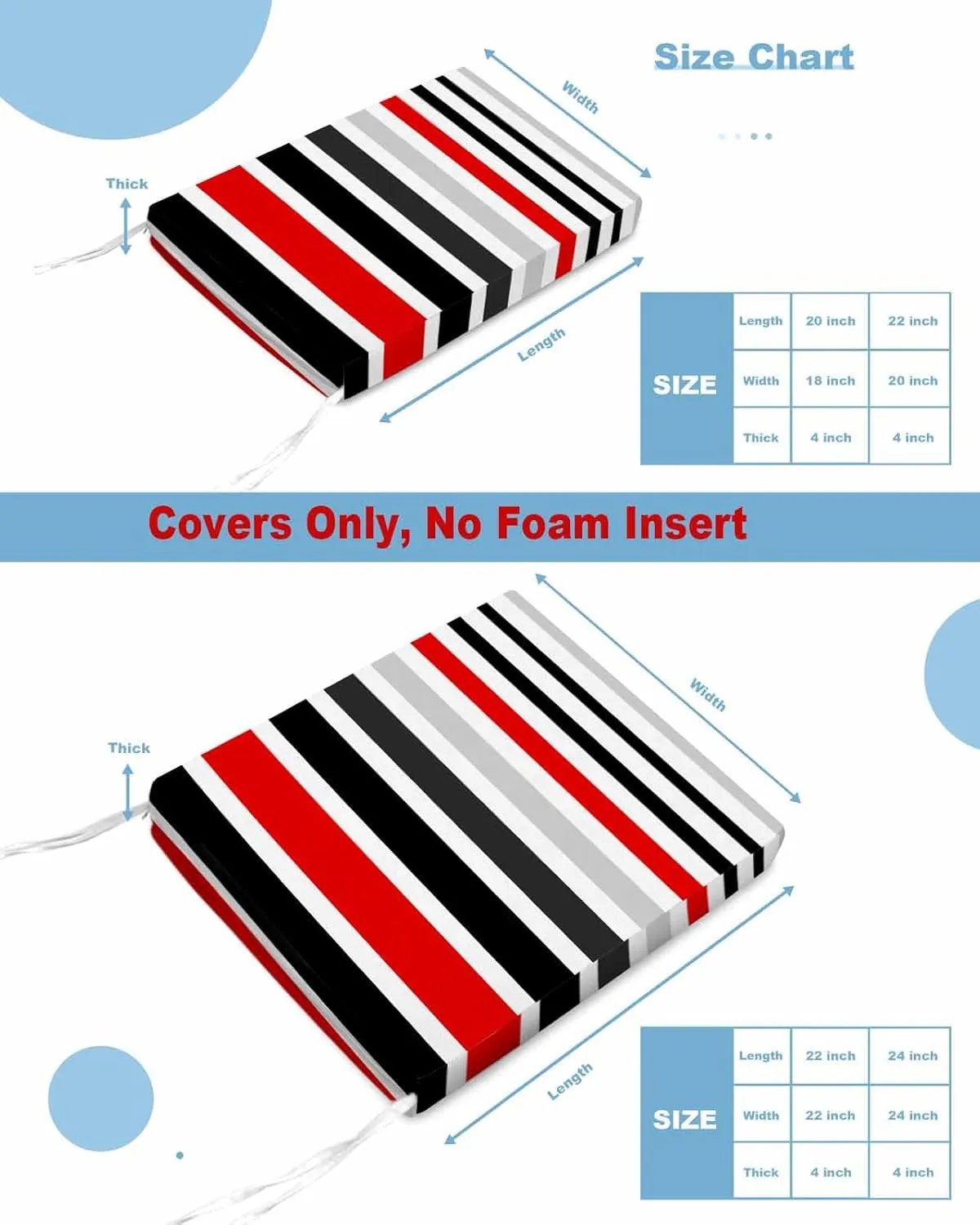 Red Black Stripe Outdoor Cushion Chair Cover Set of 4 - Waterproof Couch Seat Covers, Modern Abstract Coarse Striped Patio Furniture Protector Cushions Slipcovers for Sofa/RV, 22"x20"x4"