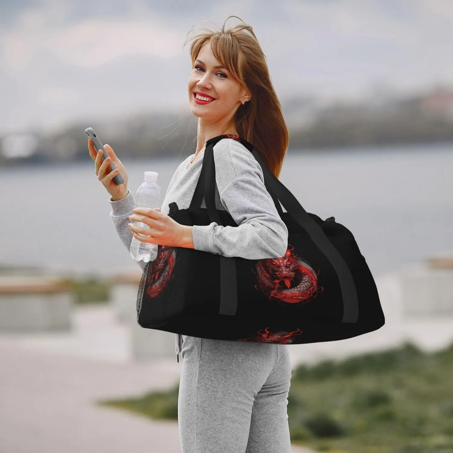 Red Dragon Big Capacity Sports Gym Bag Portable Travel Duffle Bag, Black Lightweight Weekender Workout Bag for Overnight, Unisex