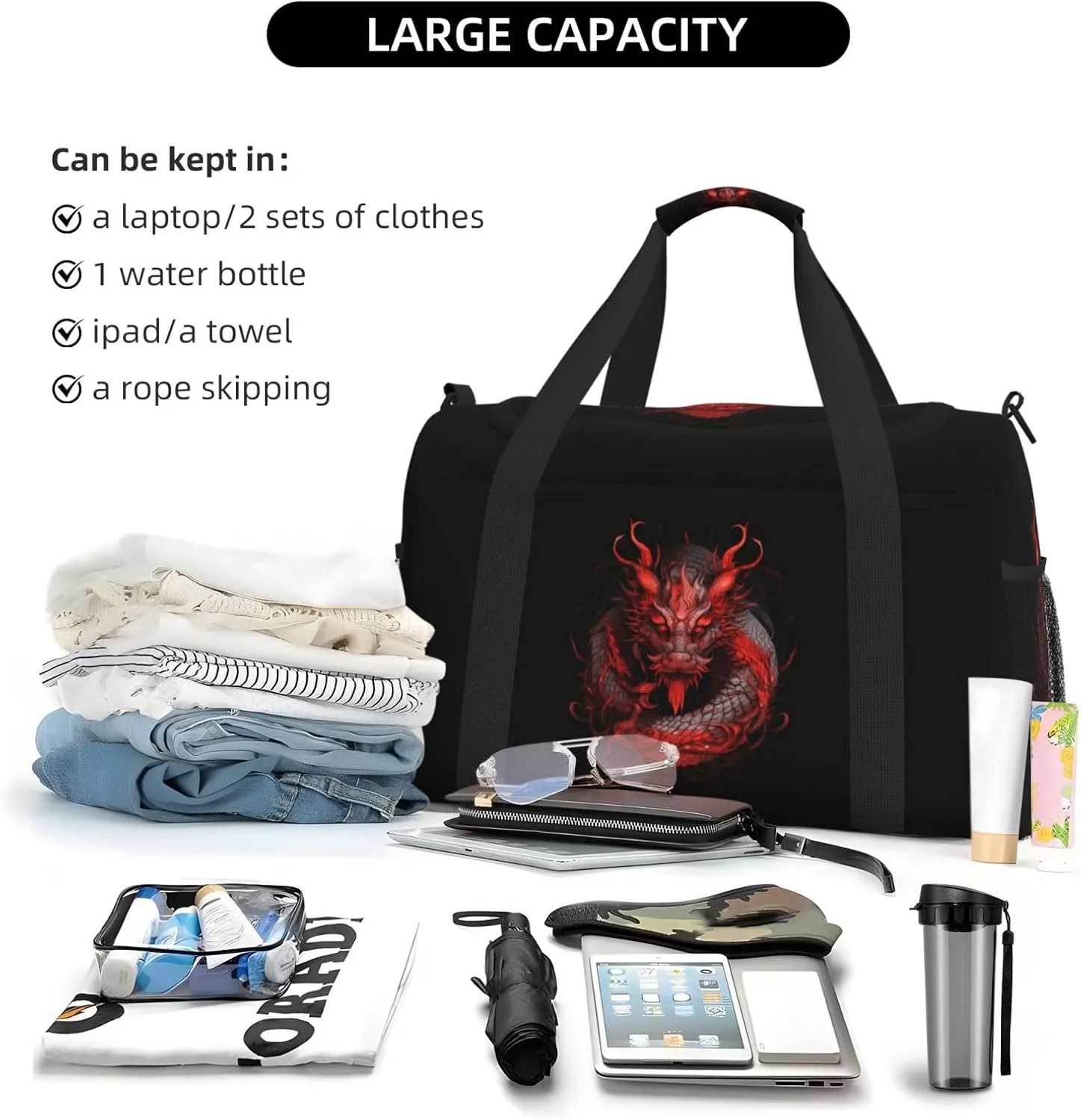 Red Dragon Big Capacity Sports Gym Bag Portable Travel Duffle Bag, Black Lightweight Weekender Workout Bag for Overnight, Unisex