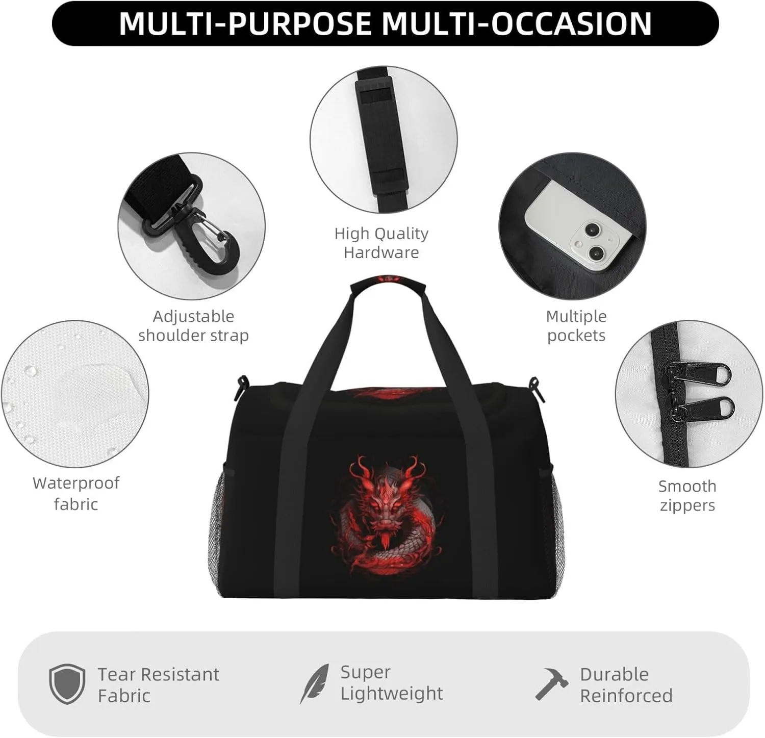 Red Dragon Big Capacity Sports Gym Bag Portable Travel Duffle Bag, Black Lightweight Weekender Workout Bag for Overnight, Unisex