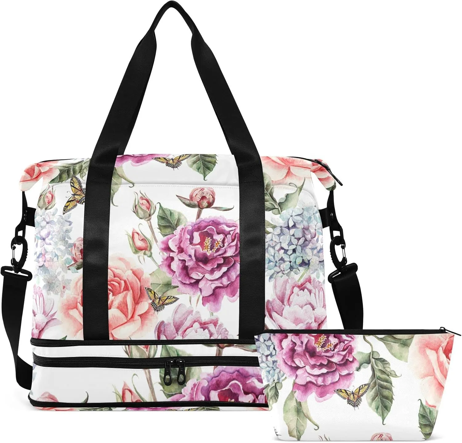 Red Purple Flowers with Leaves, Hydrangeas, Peonies, Buds and Petals Gym Duffel Bag, Polyester Travel Weekender Luggage Handbag with Waterproof Pocket for Wet Items, Unisex Foldable Tote for Sports