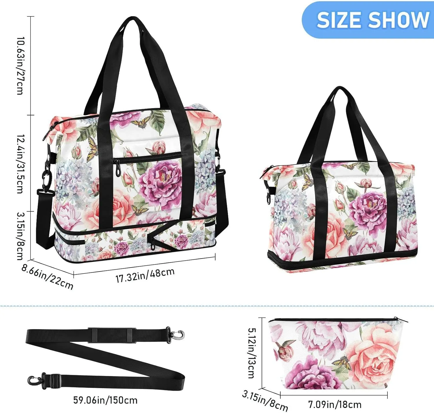 Red Purple Flowers with Leaves, Hydrangeas, Peonies, Buds and Petals Gym Duffel Bag, Polyester Travel Weekender Luggage Handbag with Waterproof Pocket for Wet Items, Unisex Foldable Tote for Sports