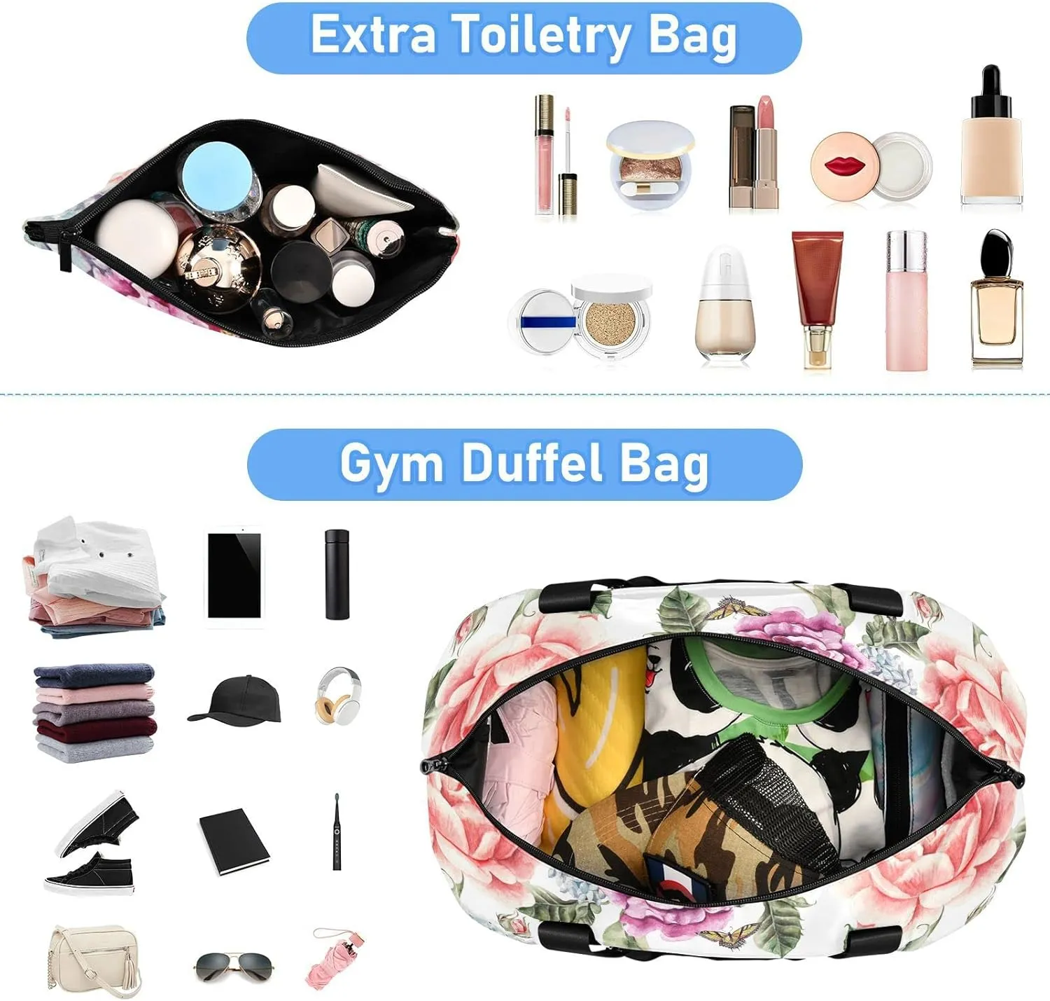 Red Purple Flowers with Leaves, Hydrangeas, Peonies, Buds and Petals Gym Duffel Bag, Polyester Travel Weekender Luggage Handbag with Waterproof Pocket for Wet Items, Unisex Foldable Tote for Sports