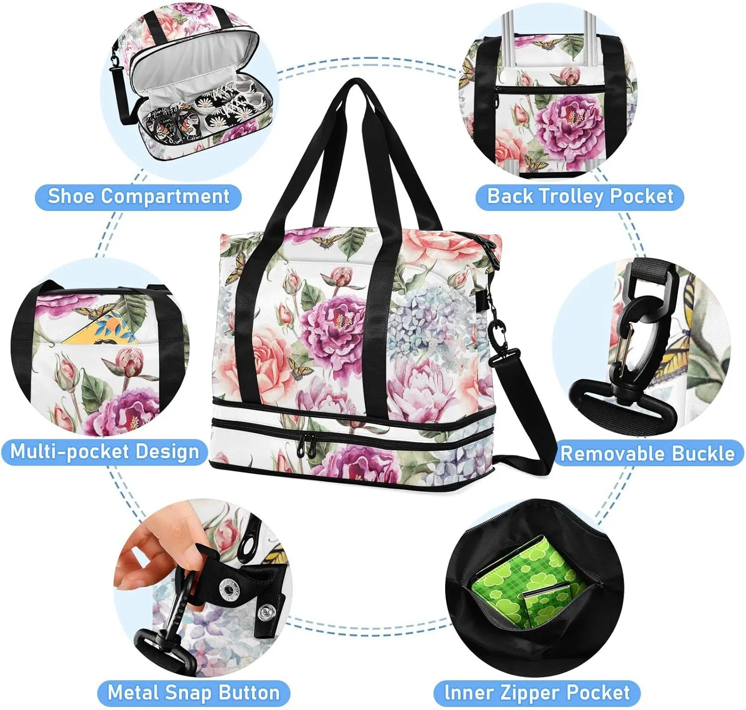 Red Purple Flowers with Leaves, Hydrangeas, Peonies, Buds and Petals Gym Duffel Bag, Polyester Travel Weekender Luggage Handbag with Waterproof Pocket for Wet Items, Unisex Foldable Tote for Sports