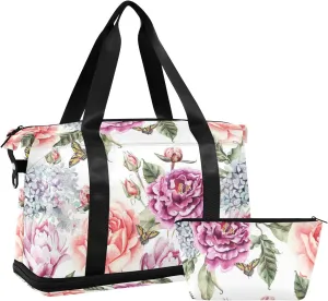 Red Purple Flowers with Leaves, Hydrangeas, Peonies, Buds and Petals Gym Duffel Bag, Polyester Travel Weekender Luggage Handbag with Waterproof Pocket for Wet Items, Unisex Foldable Tote for Sports