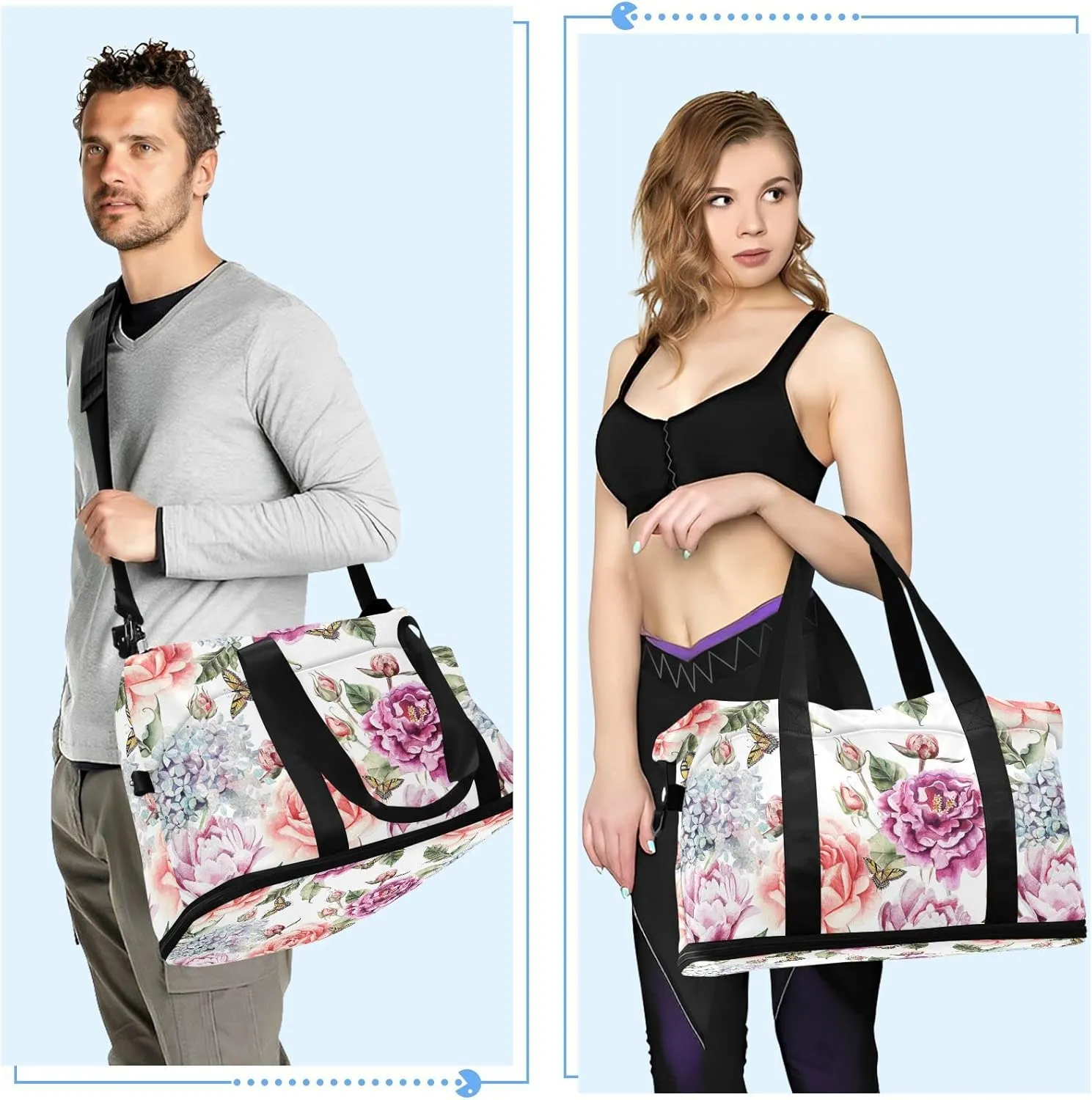 Red Purple Flowers with Leaves, Hydrangeas, Peonies, Buds and Petals Gym Duffel Bag, Polyester Travel Weekender Luggage Handbag with Waterproof Pocket for Wet Items, Unisex Foldable Tote for Sports