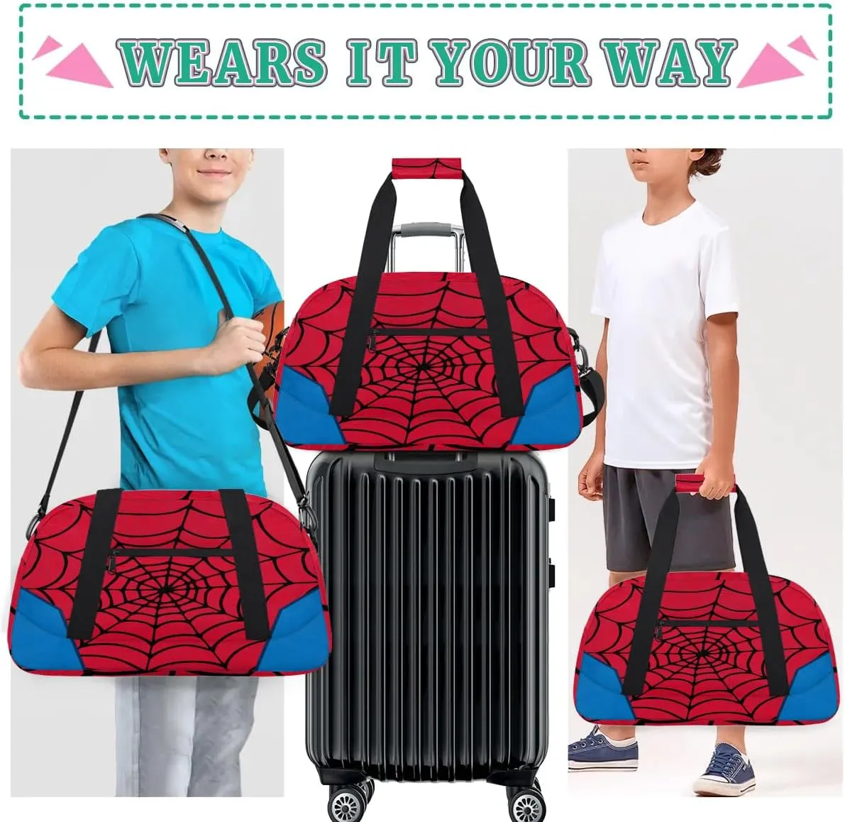 Red Spider Web Kids Overnighter Duffel Bags for Boys Girls, Carry-On Size Sports Gym Bag for School Practice or Overnight Travel Weekender Sleepover Workout Tote Bag