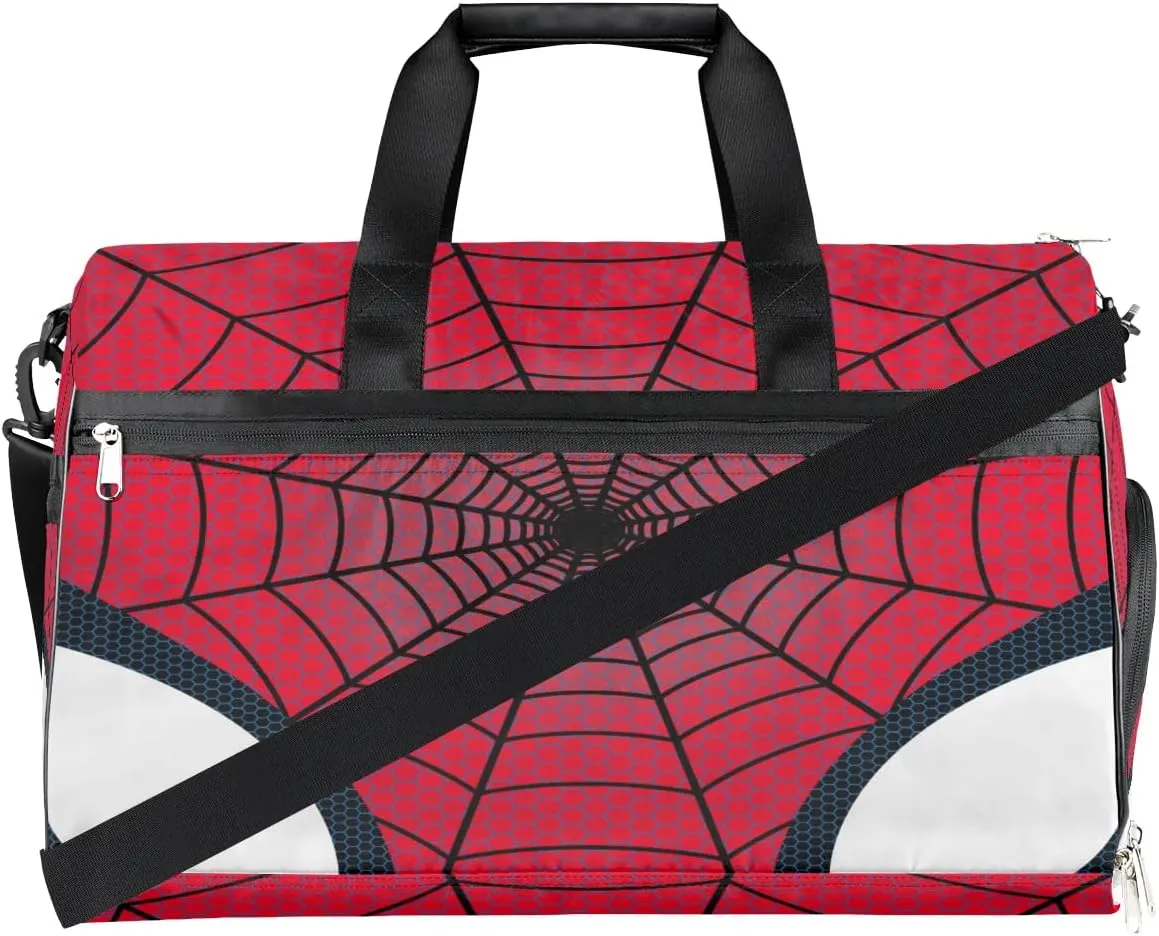 Red Spider Web Overnighter Duffel Bags for Boys Men, Carry-On Size Sports Gym Bag with Shoe Compartments for School Practice or Overnight Travel Weekender Sleepover Tote Bag