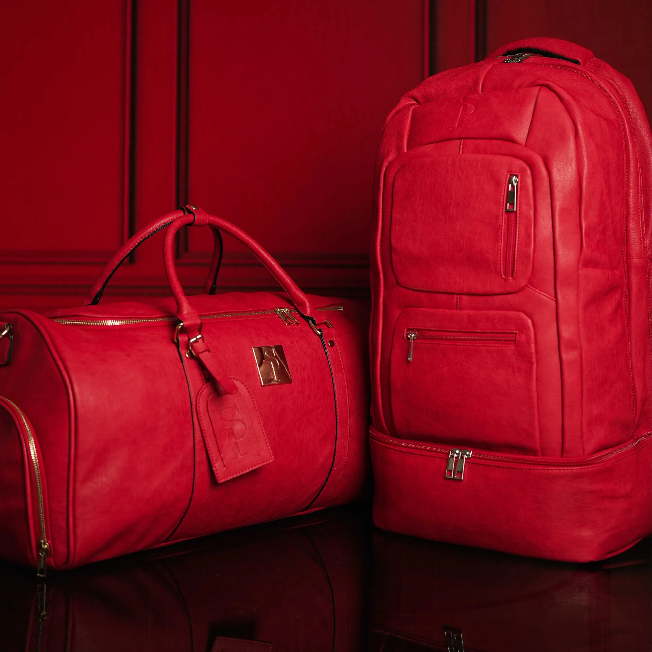 Red Tumbled Leather Signature Bag Set (Signature Backpack and Duffle Bag)