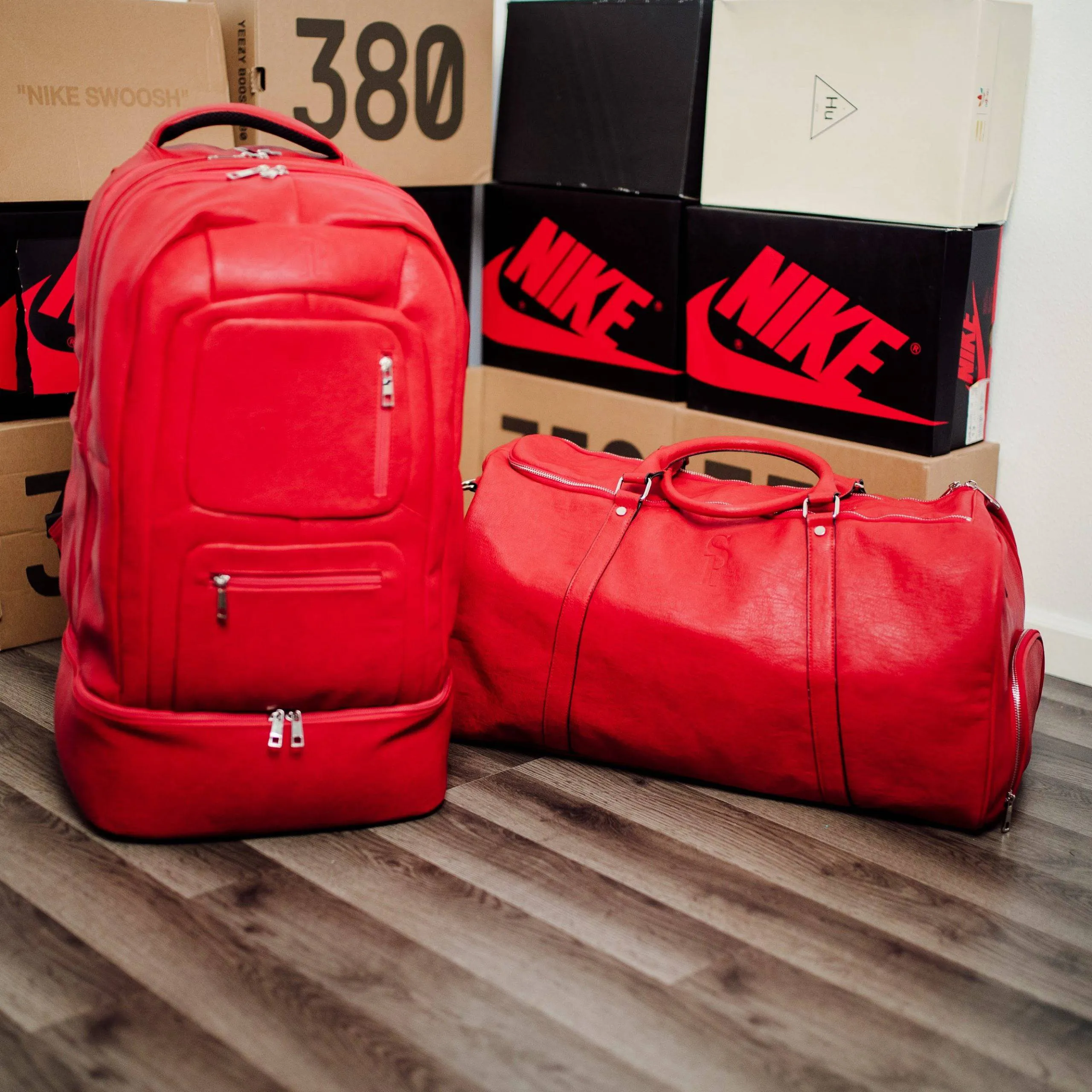 Red Tumbled Leather Signature Bag Set (Signature Backpack and Duffle Bag)