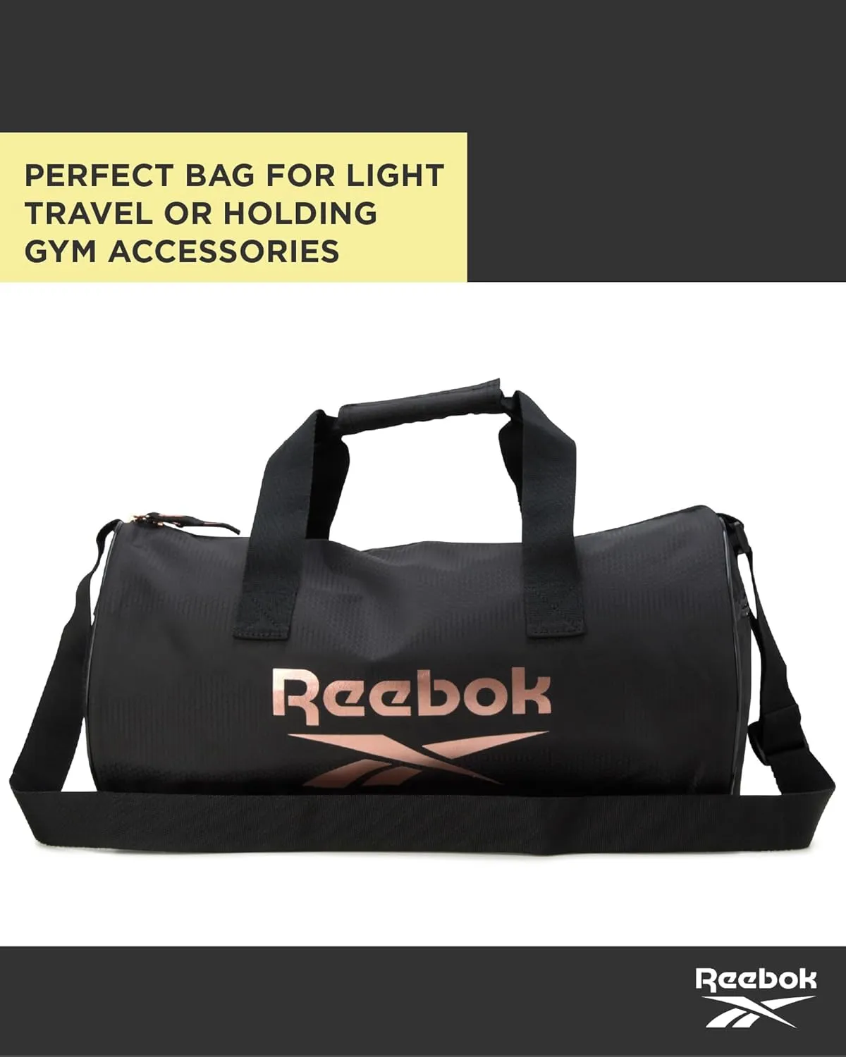 Reebok Duffle Bag - Unisex Lightweight Gym, Sports and Travel Carry On Weekender Bag for Men and Women, Size One Size, Plyo Jet Black With Rose Logo