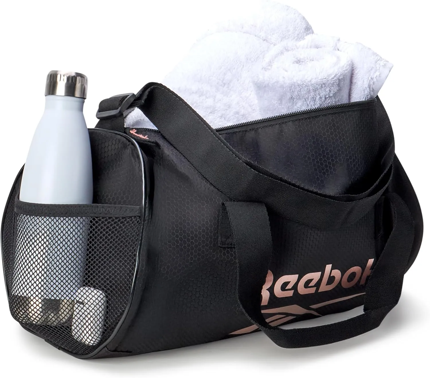 Reebok Duffle Bag - Unisex Lightweight Gym, Sports and Travel Carry On Weekender Bag for Men and Women, Size One Size, Plyo Jet Black With Rose Logo