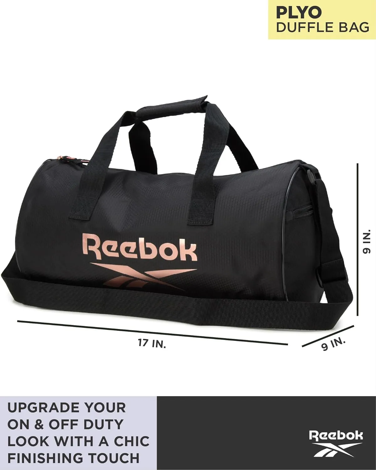 Reebok Duffle Bag - Unisex Lightweight Gym, Sports and Travel Carry On Weekender Bag for Men and Women, Size One Size, Plyo Jet Black With Rose Logo