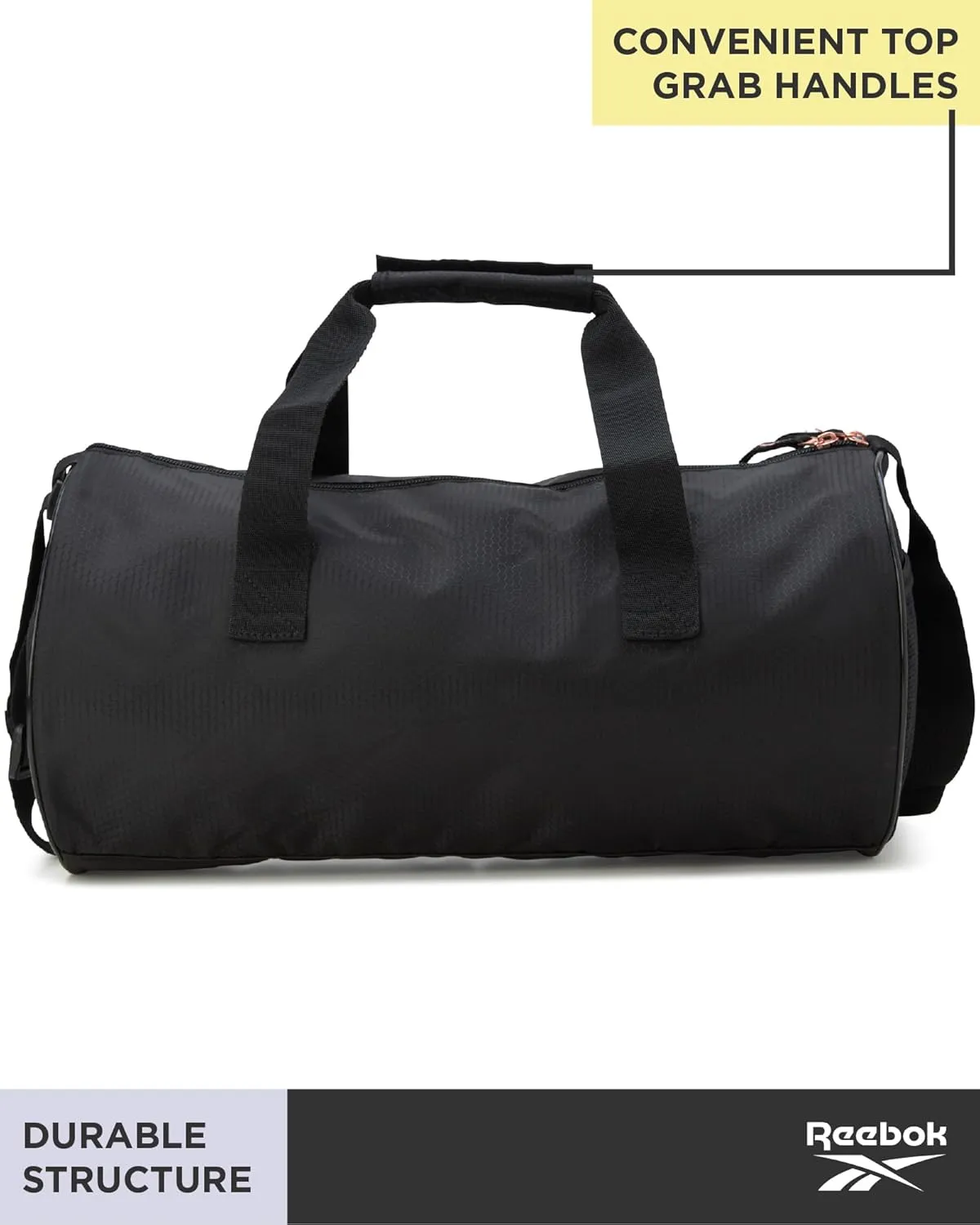 Reebok Duffle Bag - Unisex Lightweight Gym, Sports and Travel Carry On Weekender Bag for Men and Women, Size One Size, Plyo Jet Black With Rose Logo