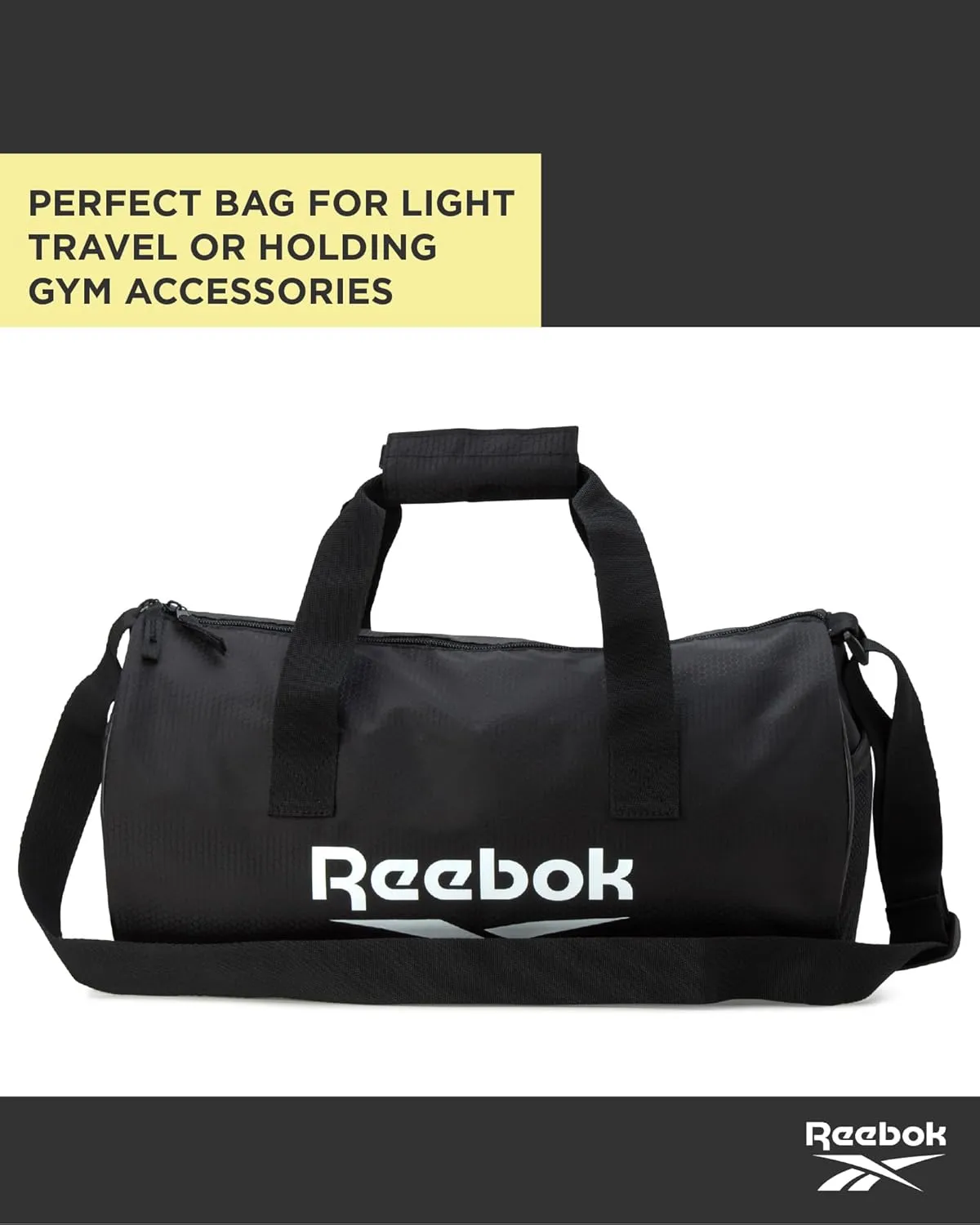 Reebok Duffle Bag - Unisex Lightweight Gym, Sports and Travel Carry On Weekender Bag for Men and Women, Size One Size, Plyo Jet Black With White Logo