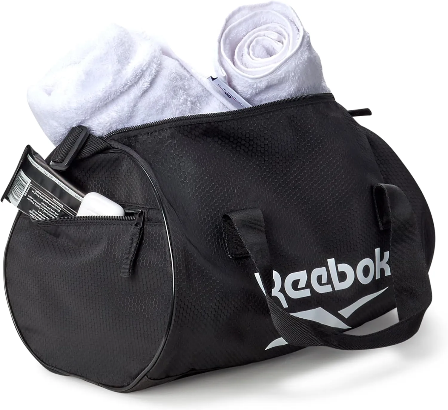 Reebok Duffle Bag - Unisex Lightweight Gym, Sports and Travel Carry On Weekender Bag for Men and Women, Size One Size, Plyo Jet Black With White Logo