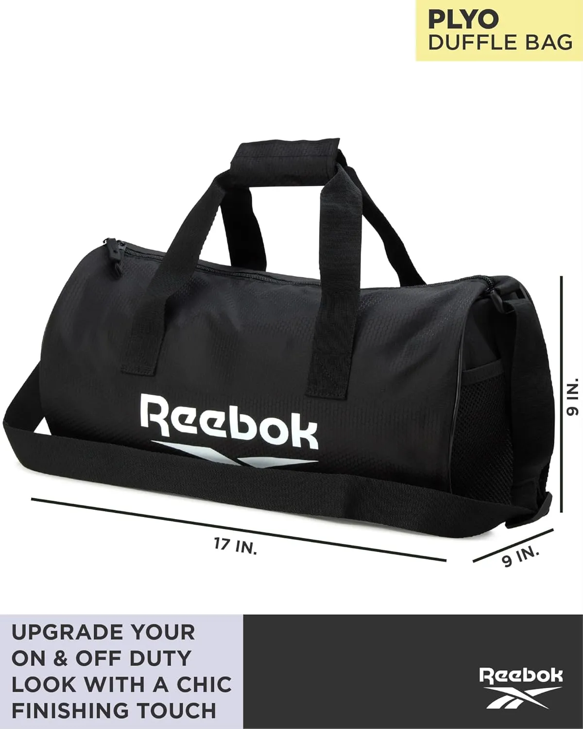 Reebok Duffle Bag - Unisex Lightweight Gym, Sports and Travel Carry On Weekender Bag for Men and Women, Size One Size, Plyo Jet Black With White Logo