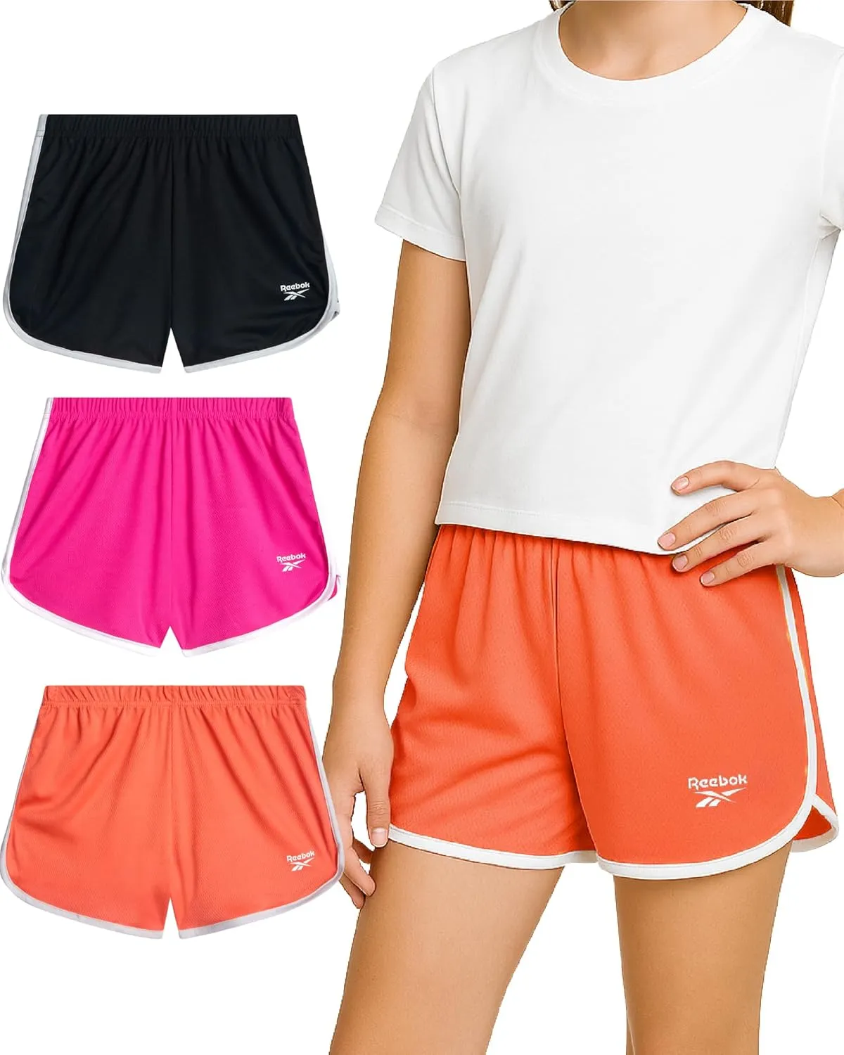 Reebok Girls Athletic Shorts - 3 Pack Active Performance Lightweight Mesh Dolphin Girls Shorts for Running Soccer Gym (7-12)
