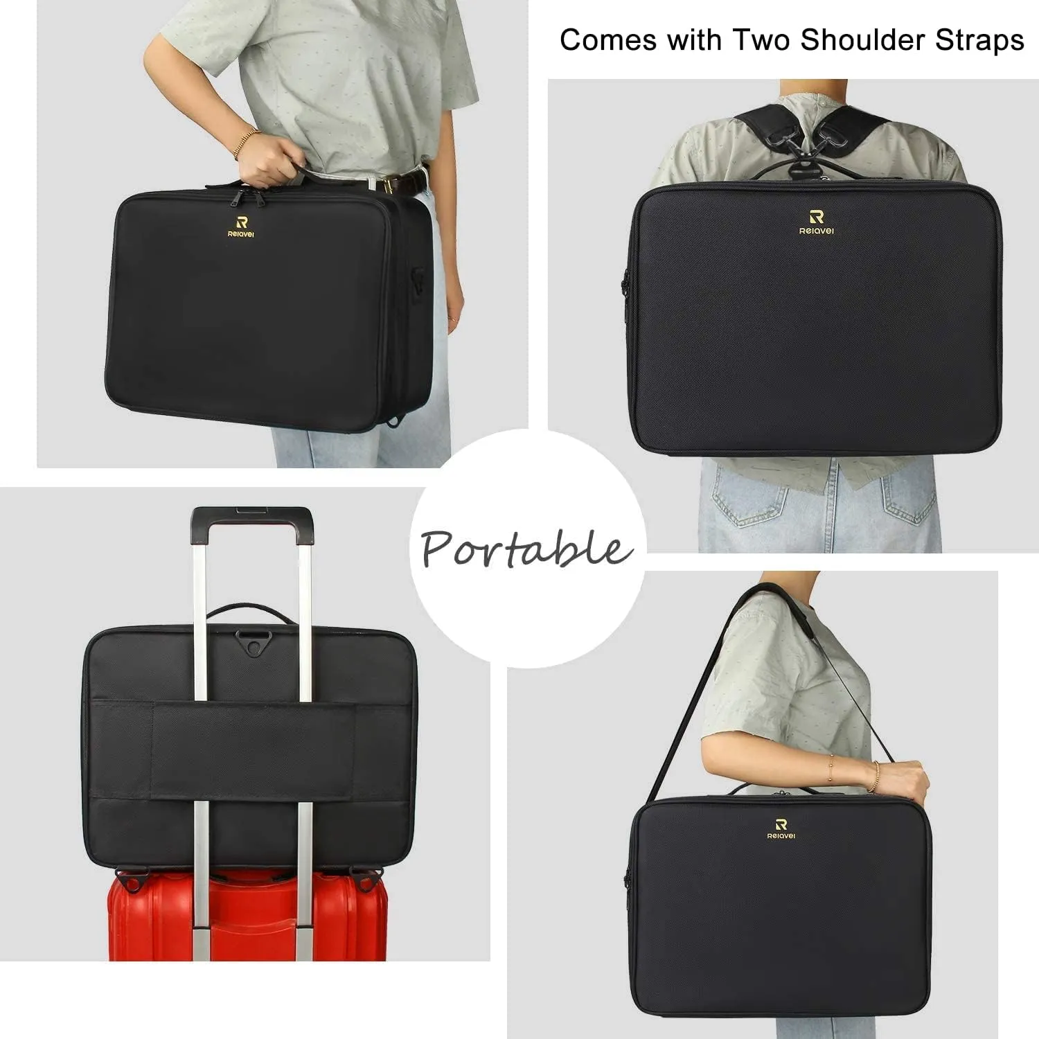 Relavel Extra Large Makeup Case Travel Makeup Train Case Professional Makeup Artist Bag Portable Nail Organizer Box Art Supply Case with Adjustable Dividers/Attach to Trolley/Shoulder Strap (Black)