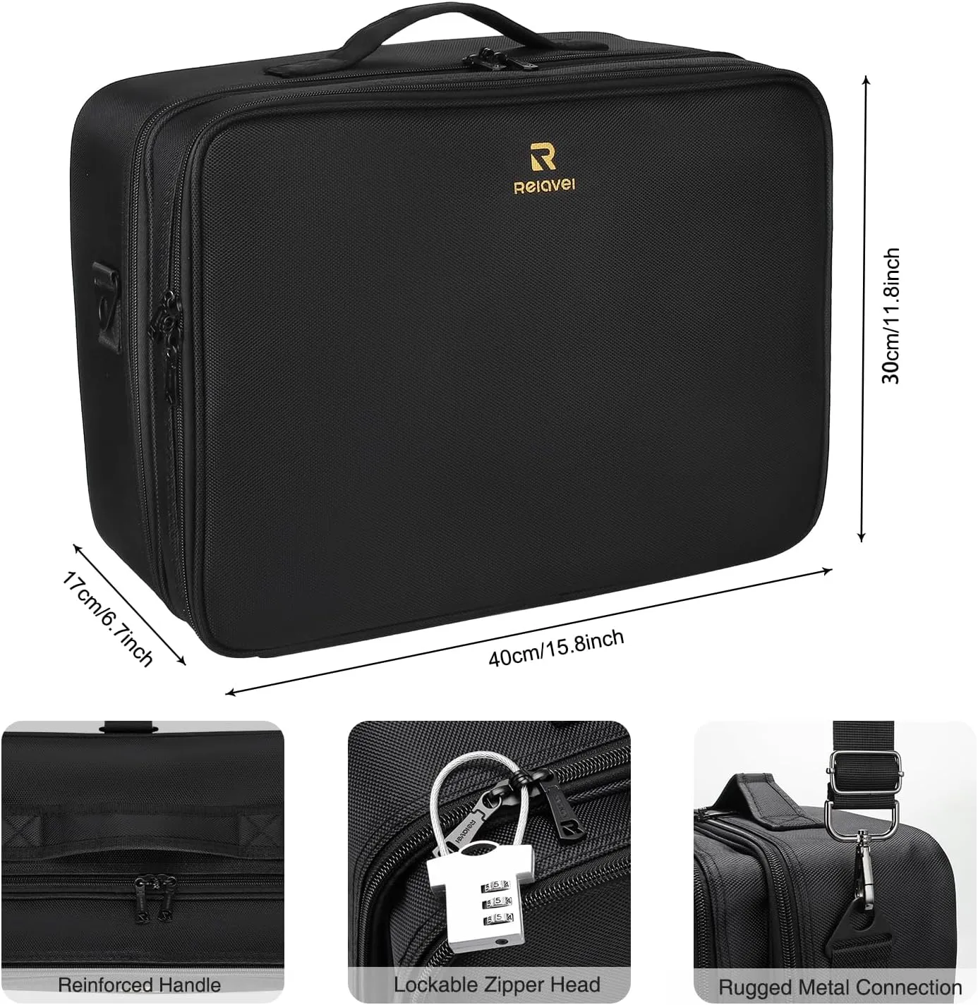 Relavel Extra Large Makeup Case with Plastic Dividers Washable and Easy to Clean, Travel Makeup Train Case Professional Makeup Artist Bag Portable Nail Organizer Box Art Supply Case (Black)