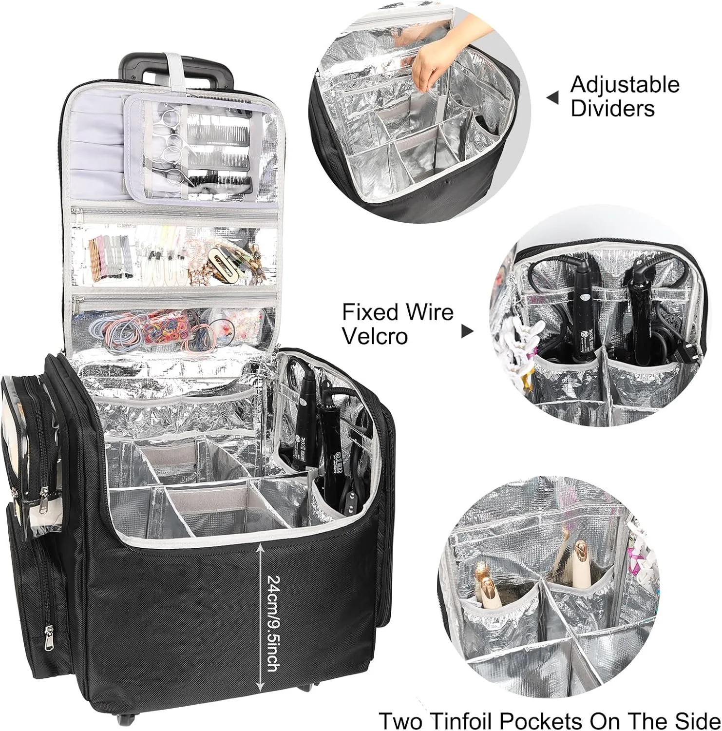Relavel Rolling Makeup Case Cosmetology Case on Wheels Hair Stylist/Hairdresser Travelling BarberBag with Four 360 Degree Spinner Wheels, Heat Insulation Lining and Adjustable Dividers