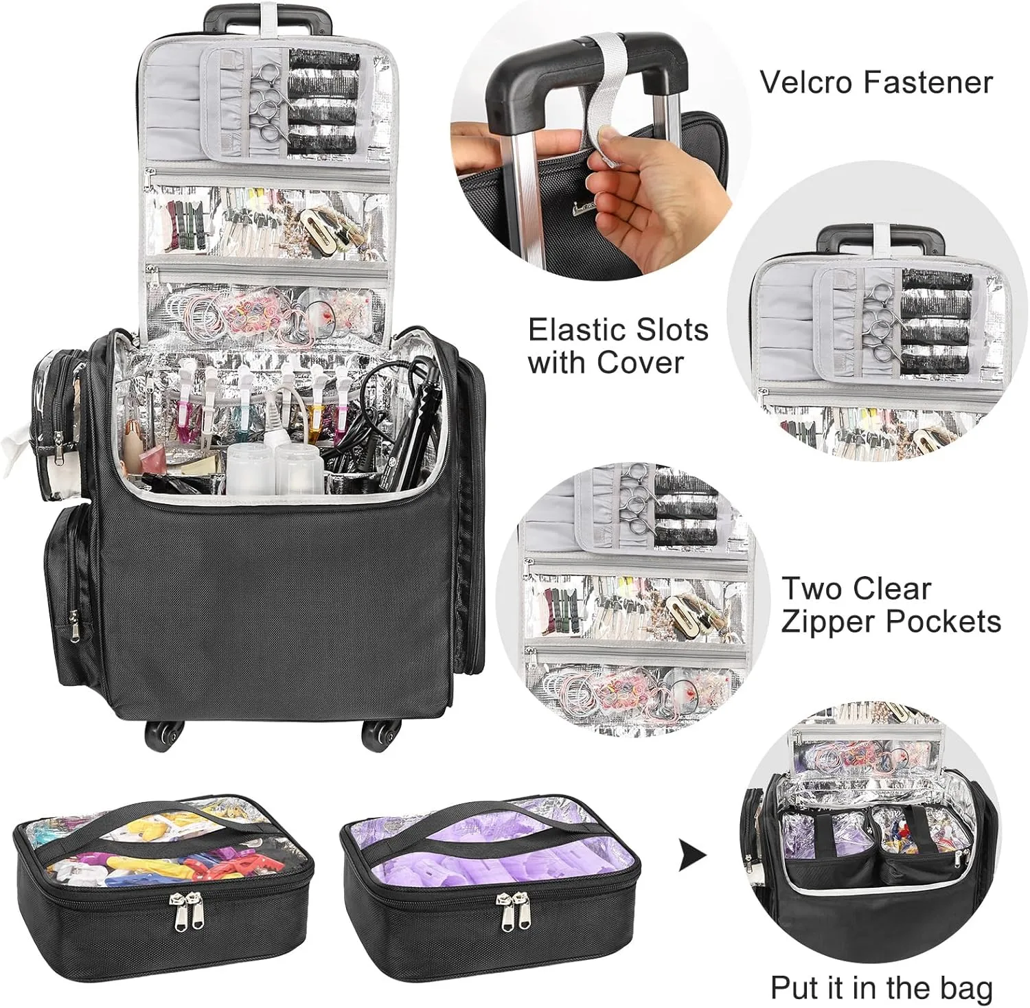 Relavel Rolling Makeup Case Cosmetology Case on Wheels Hair Stylist/Hairdresser Travelling BarberBag with Four 360 Degree Spinner Wheels, Heat Insulation Lining and Adjustable Dividers