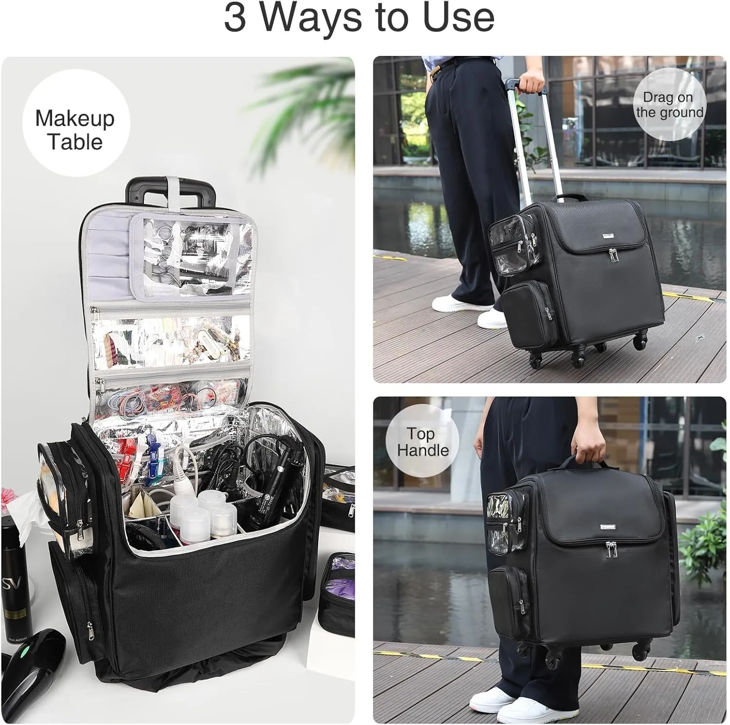 Relavel Rolling Makeup Case Cosmetology Case on Wheels Hair Stylist/Hairdresser Travelling BarberBag with Four 360 Degree Spinner Wheels, Heat Insulation Lining and Adjustable Dividers